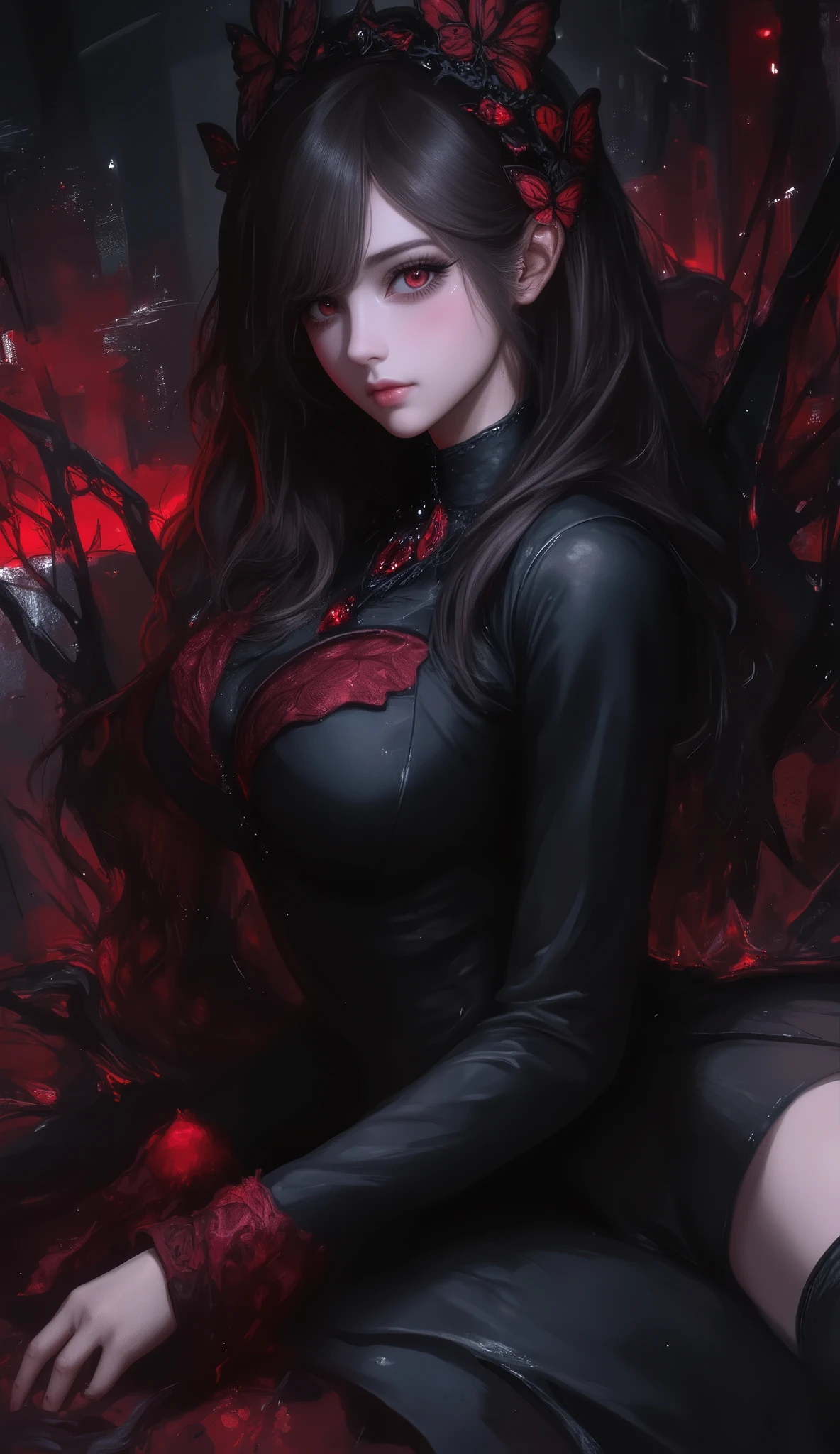 expressionless,,(dark fantasy),(( wonderful illustration )),(Detail Splash), long dark hair, Red Eyes, girl , Pure black dress, Collar only, The cuffs and skirt are dark red , The red butterfly hair clip is fixed on the side, Masterpiece, 最 High Quality , High Quality , Headpiece ,, red and black crystal necklace , Black Knee High Socks