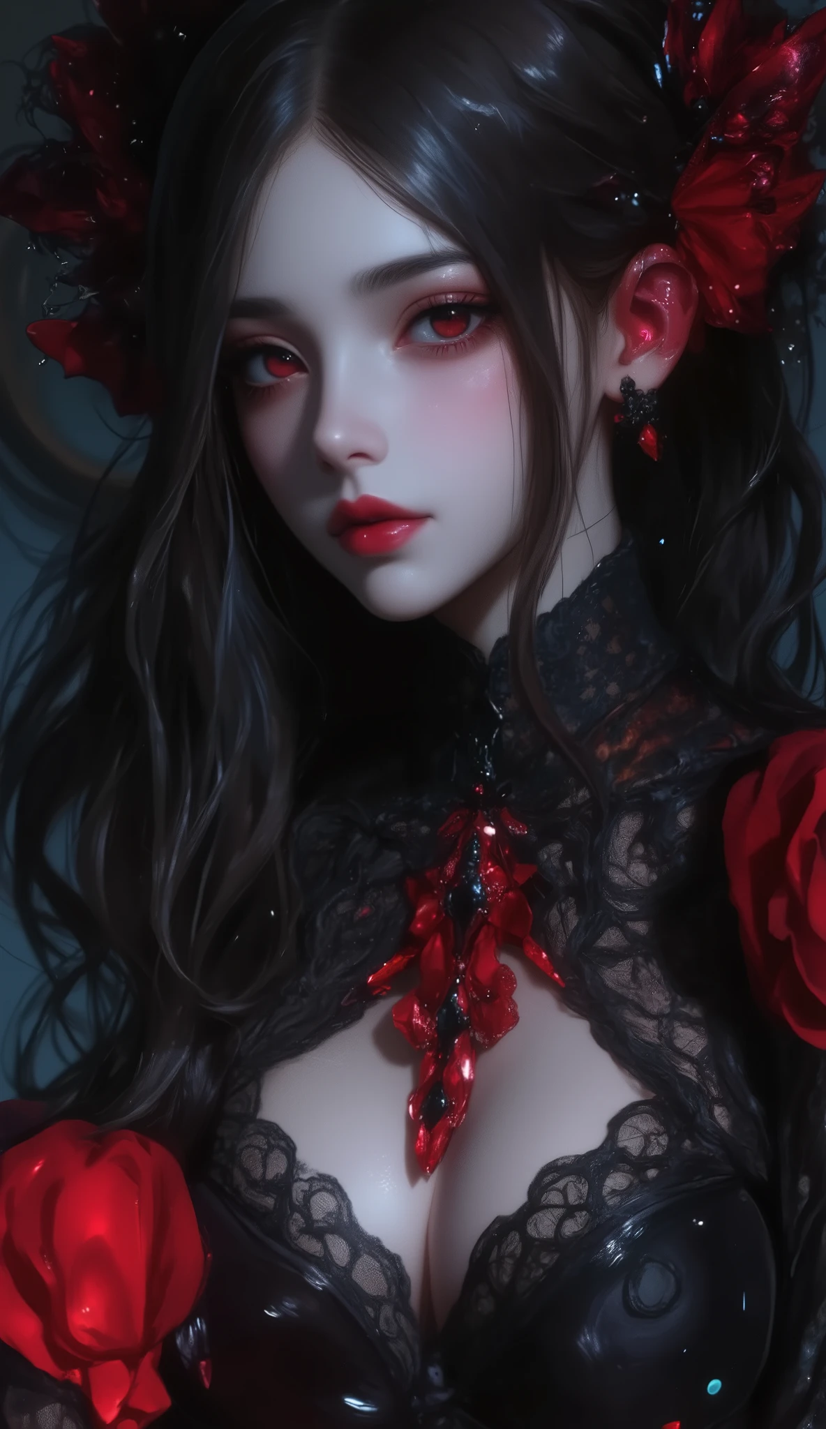 expressionless,,(dark fantasy),(( wonderful illustration )),(Detail Splash), long dark hair, Red Eyes, girl , Pure black dress, Collar only, The cuffs and skirt are dark red , The red butterfly hair clip is fixed on the side, Masterpiece, 最 High Quality , High Quality , Headpiece ,, red and black crystal necklace , Black Knee High Socks