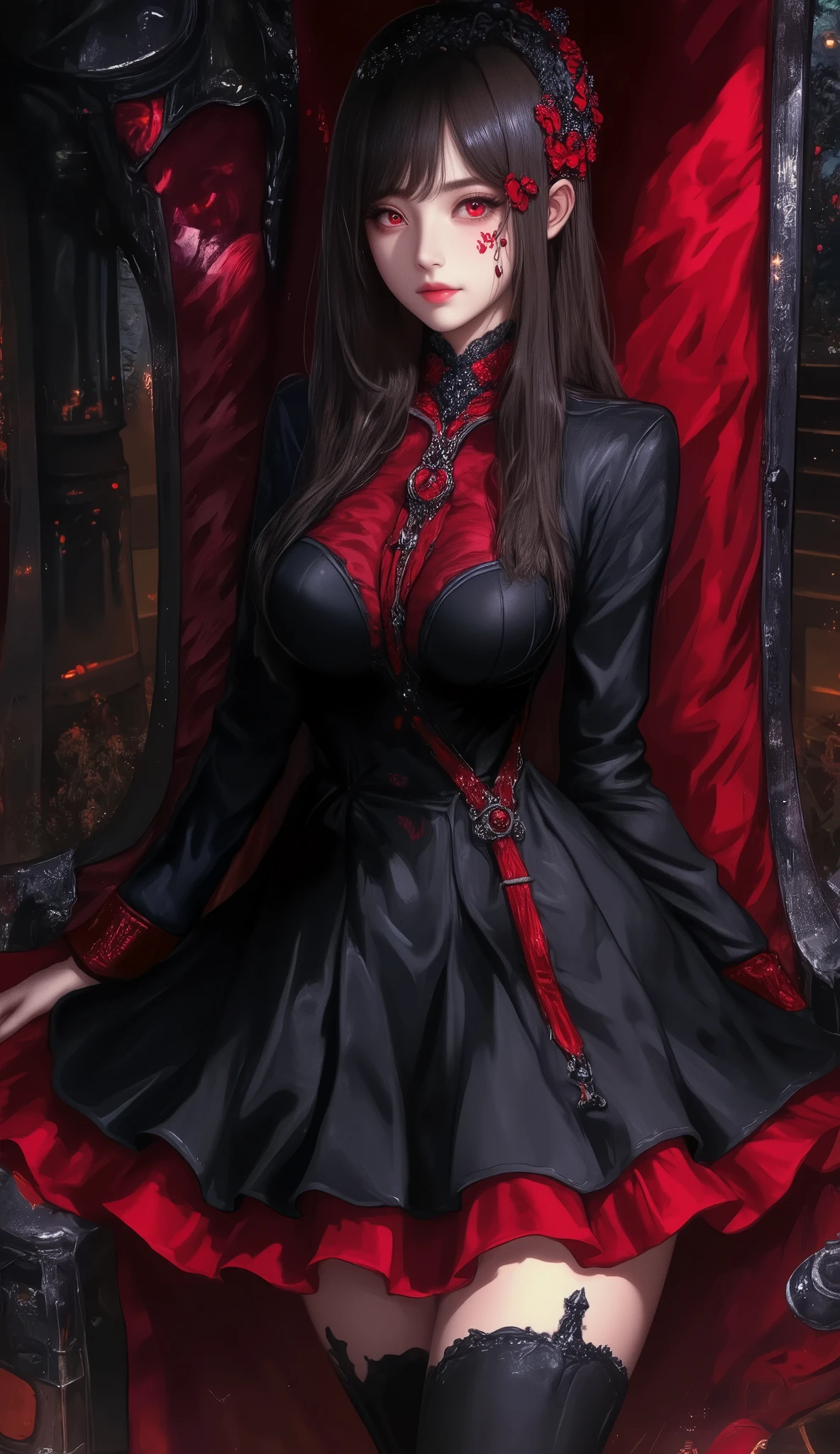 expressionless,,(dark fantasy),(( wonderful illustration )),(Detail Splash), long dark hair, Red Eyes, girl , Pure black dress, Collar only, The cuffs and skirt are dark red , The red butterfly hair clip is fixed on the side, Masterpiece, 最 High Quality , High Quality , Headpiece ,, red and black crystal necklace , Black Knee High Socks