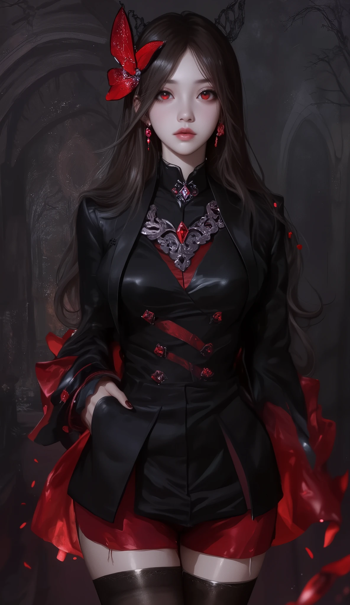 expressionless,,(dark fantasy),(( wonderful illustration )),(Detail Splash), long dark hair, Red Eyes, girl , Pure black dress, Collar only, The cuffs and skirt are dark red , The red butterfly hair clip is fixed on the side, Masterpiece, 最 High Quality , High Quality , Headpiece ,, red and black crystal necklace , Black Knee High Socks