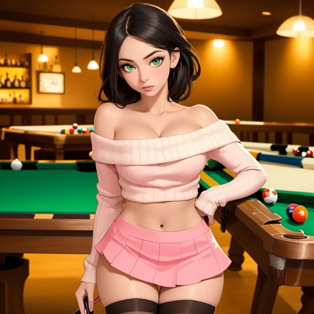 1 girl, solo, playing 8 ball pool, pool table, Big round breasts, curvy hips, hourglass waist, realistic, bright blonde hair, light green eyes, amazing big eyes, eye details, eyebrow details, crop top, pink skirt, parted lips, blush, confident, dominant, bdsm, smirk, naughty, mischevious face, HD, good quality