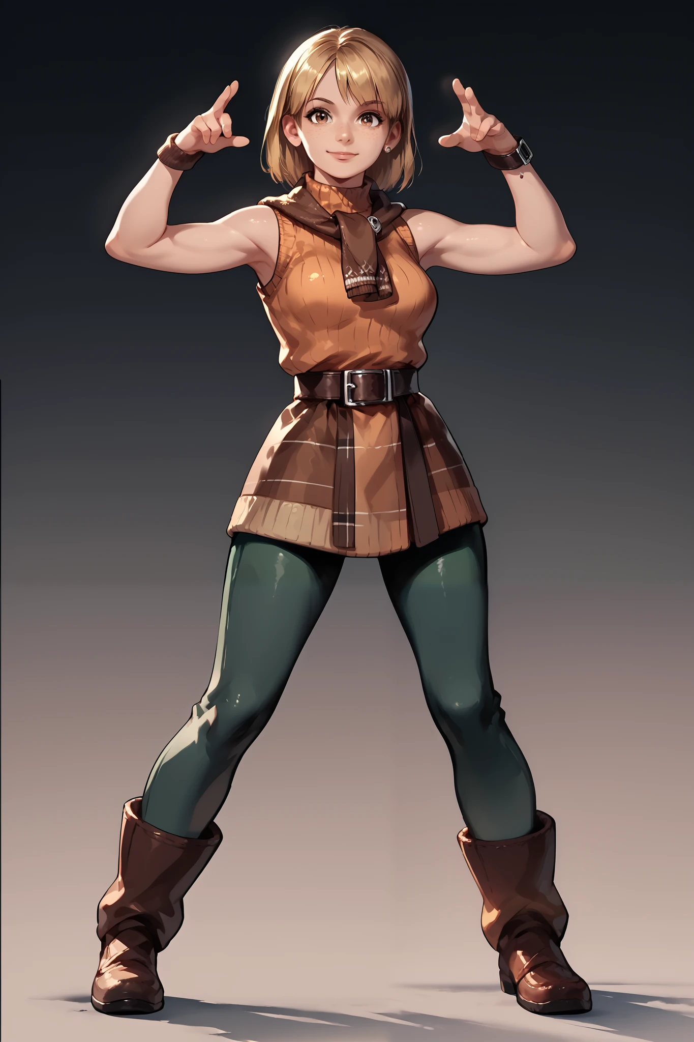 Anime concept art, dark fantasy, Ashley graham, Ashley Graham from resident evil 4, cute, Ashley's sexy outfit, thin waist, medium breasts, sleeveless, cute pose, full body view, fullbody overview, resident evil 4 concept art