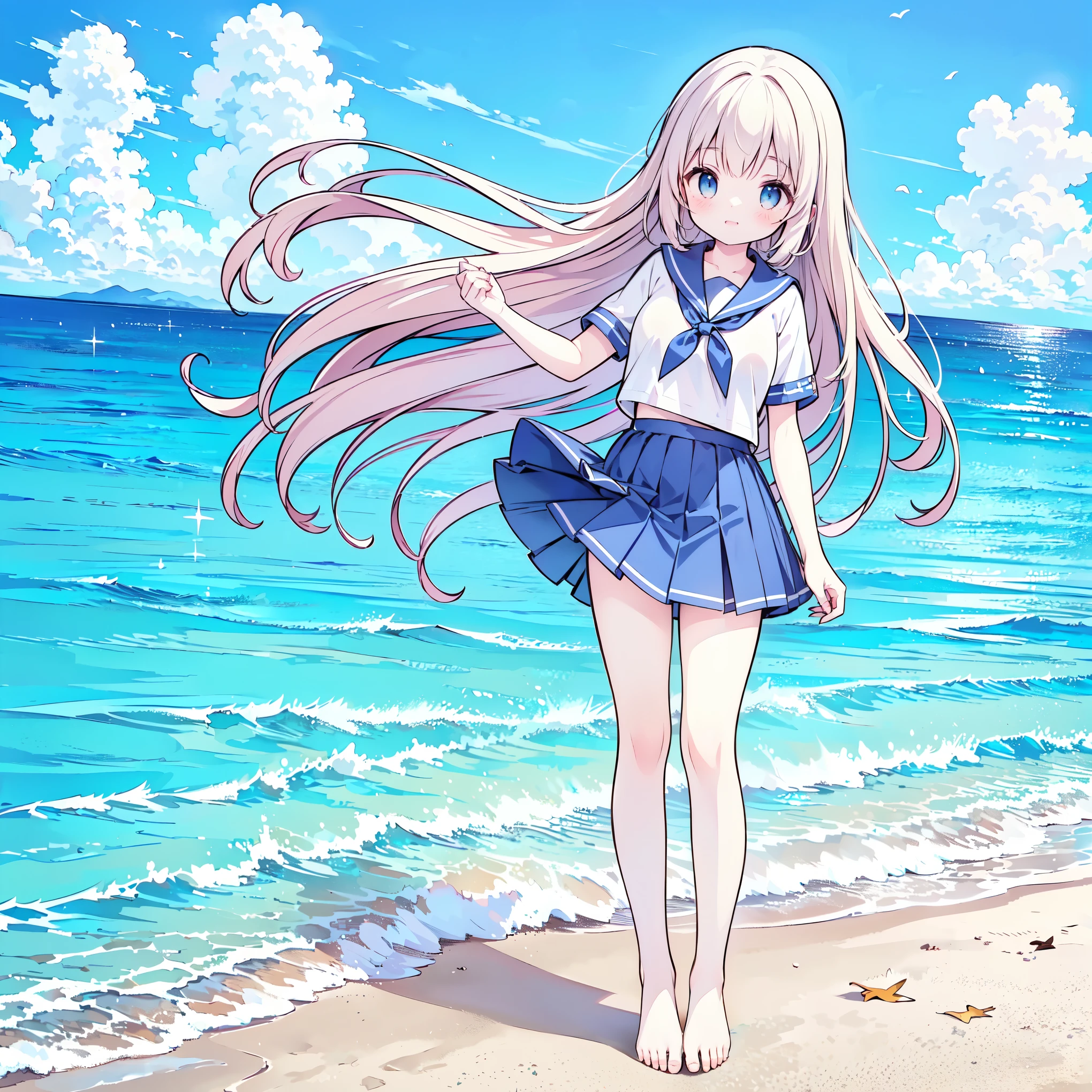 ((( more details, very detailed CG , masterpiece, High Quality , 4K, high resolution, sharp concentration, Take a commemorative photo on a sandy beach with the calm and beautiful sea in the background, anime style illustration near the sparkling ocean ))),(Alone:2), cute, Smiling Brightly , light blue eyes,(A girl is standing on the beach:1.4), navy blue sailor suit,(Short sleeve:2),( dark blue skirts ),( slightly bulging breasts:1.2), Clear Skin, skirt that flutters in the wind, barefoot,((long hair)),Neat hair,Gentle Breeze, White Clouds ,blue sky, watching viewers , Embarrassed, dynamic ,