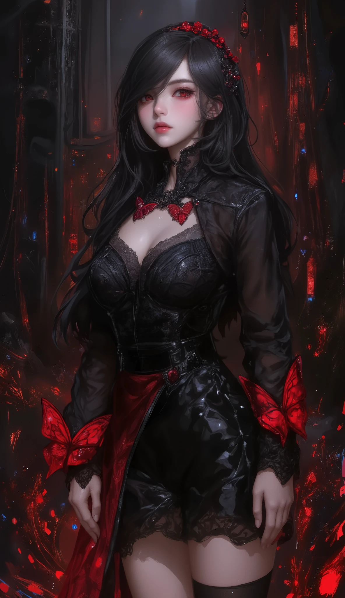 expressionless,,(dark fantasy),(( wonderful illustration )),(Detail Splash), long dark hair, Red Eyes, girl , Pure black dress, Collar only, The cuffs and skirt are dark red , The red butterfly hair clip is fixed on the side, Masterpiece, 最 High Quality , High Quality , Headpiece ,, red and black crystal necklace , Black Knee High Socks