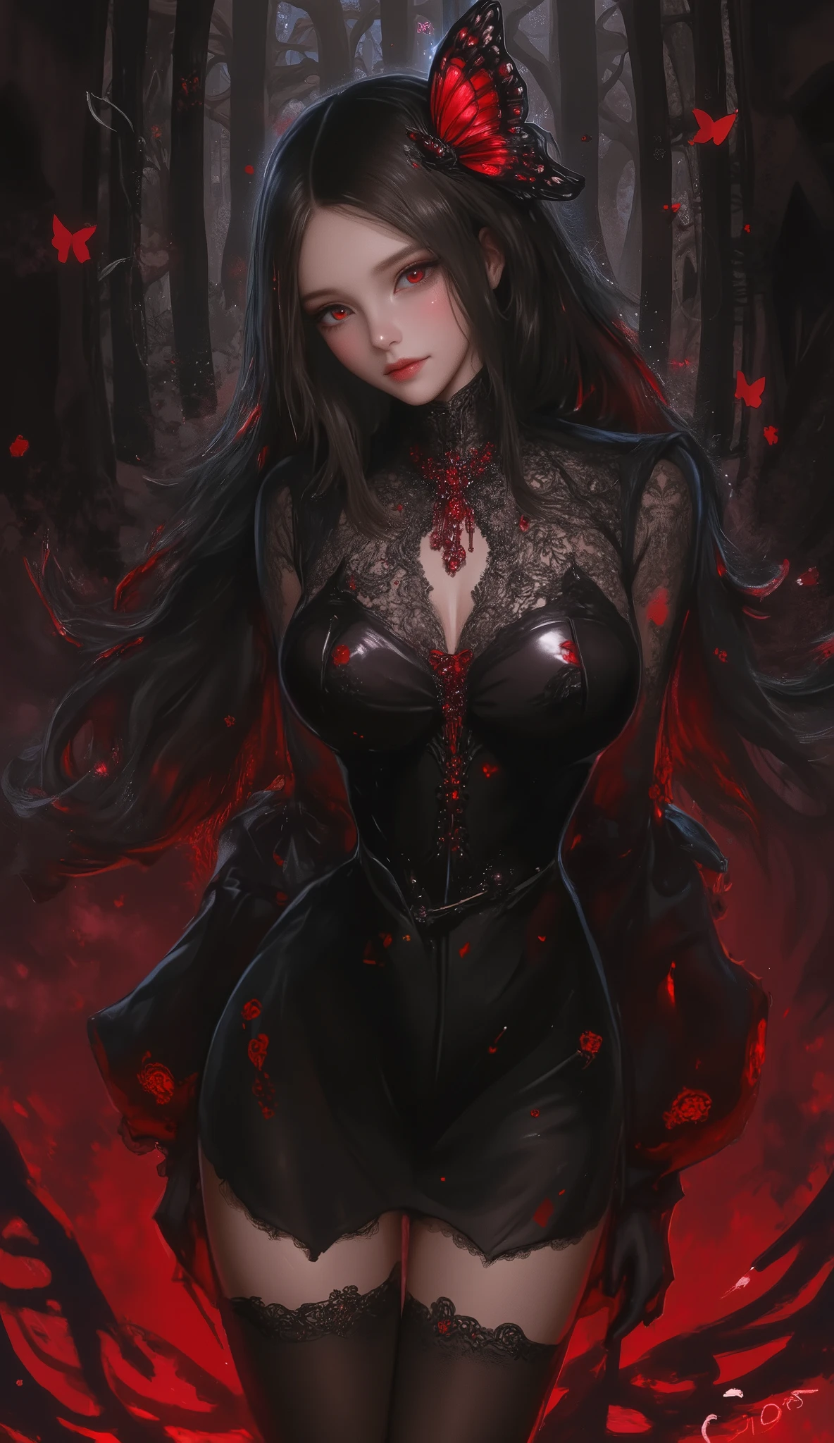 Luxury magazine phtoto, thicc girl, Full_body_Beautiful_seductive_enchantress, highly detailed dress, blood moon, red glow, mist, eerie Gothic aesthetic, double exposure photography, backlit, hyperdetailed double exposure, Junji Ito, victo ngai, M.W. Kaluta, richard anderson, masterpiece, 8k resolution, highly detailed, intricate, vogue style
