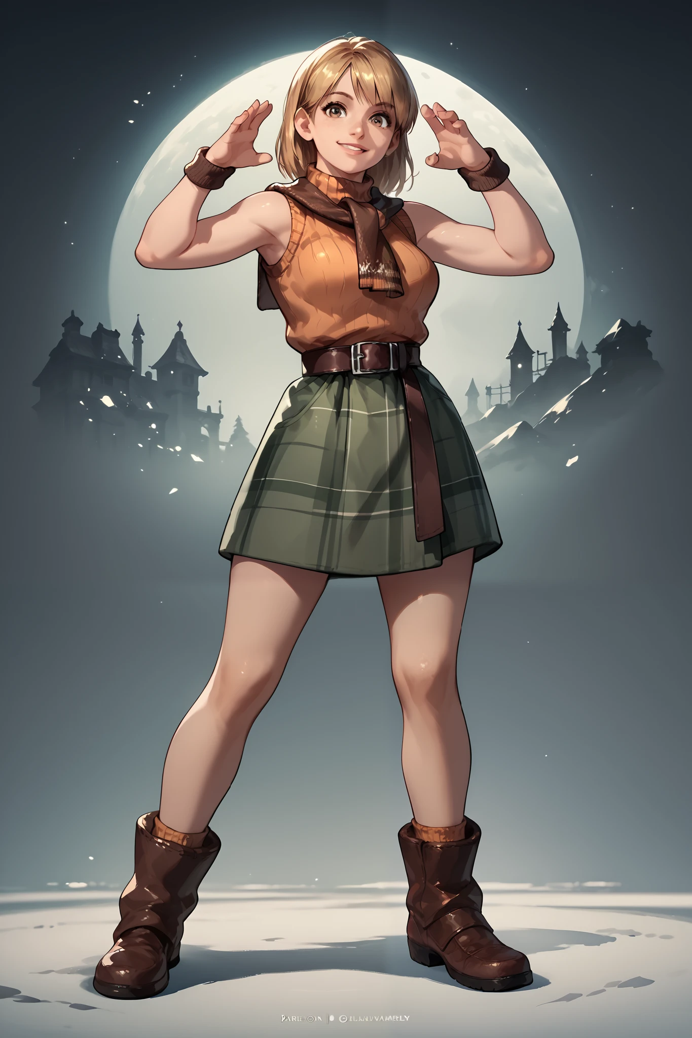 Anime concept art, dark fantasy, Ashley graham, Ashley Graham from resident evil 4, cute, Ashley's sexy outfit, thin waist, medium breasts, sleeveless, cute pose, full body view, fullbody overview, resident evil 4 concept art