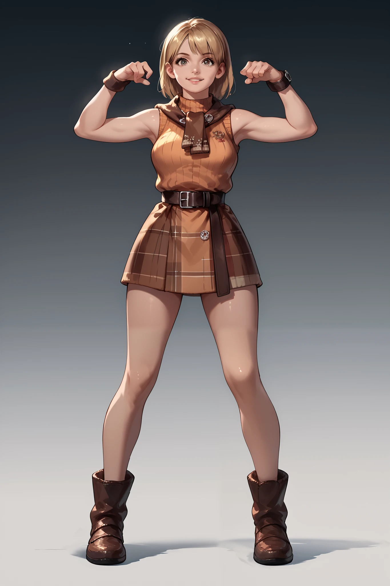 Anime concept art, dark fantasy, Ashley graham, Ashley Graham from resident evil 4, cute, Ashley's sexy outfit, thin waist, medium breasts, sleeveless, cute pose, full body view, fullbody overview, resident evil 4 concept art