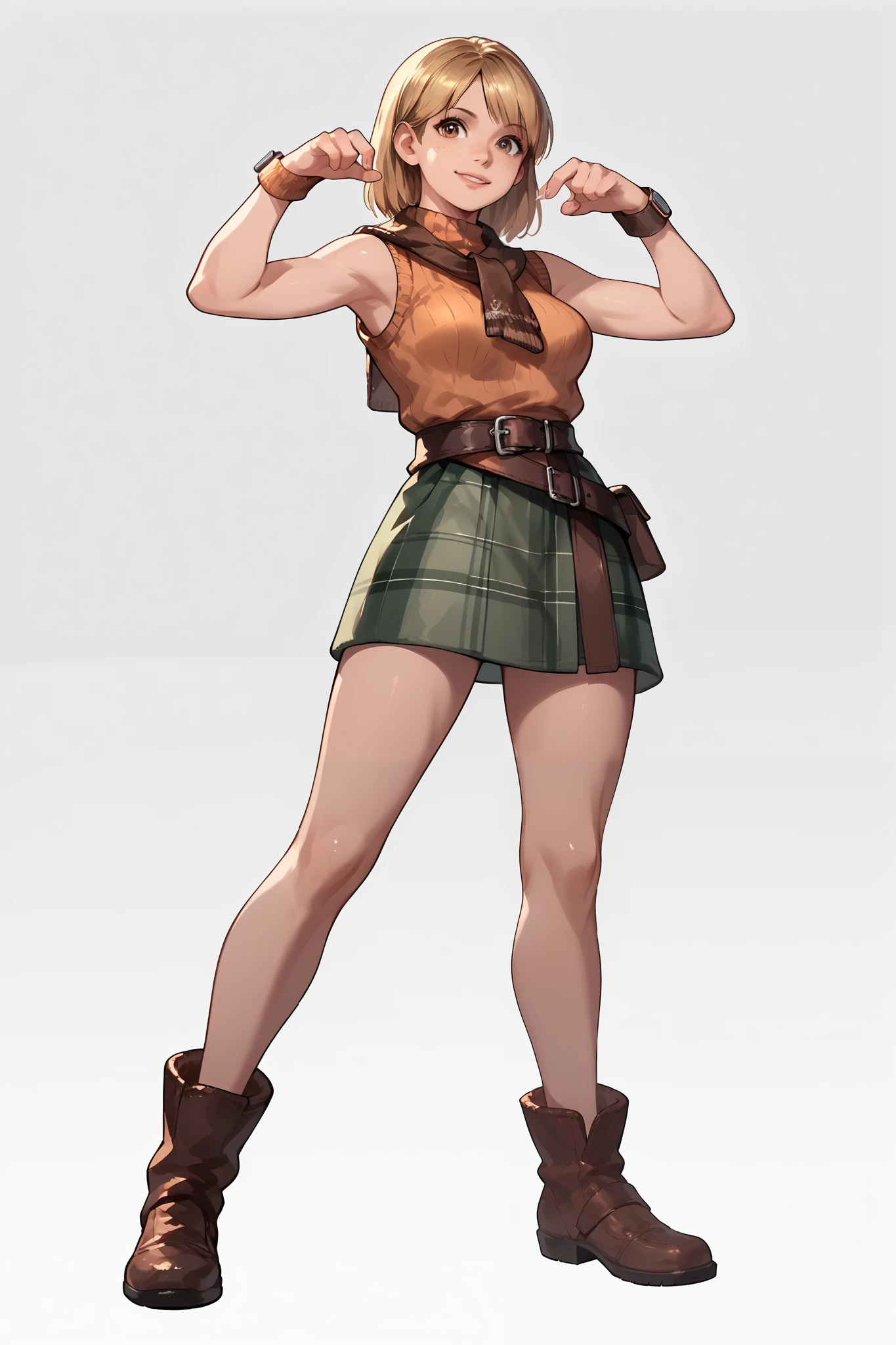 Anime concept art, dark fantasy, Ashley graham, Ashley Graham from resident evil 4, cute, Ashley's sexy outfit, thin waist, medium breasts, sleeveless, cute pose, full body view, fullbody overview, resident evil 4 concept art
