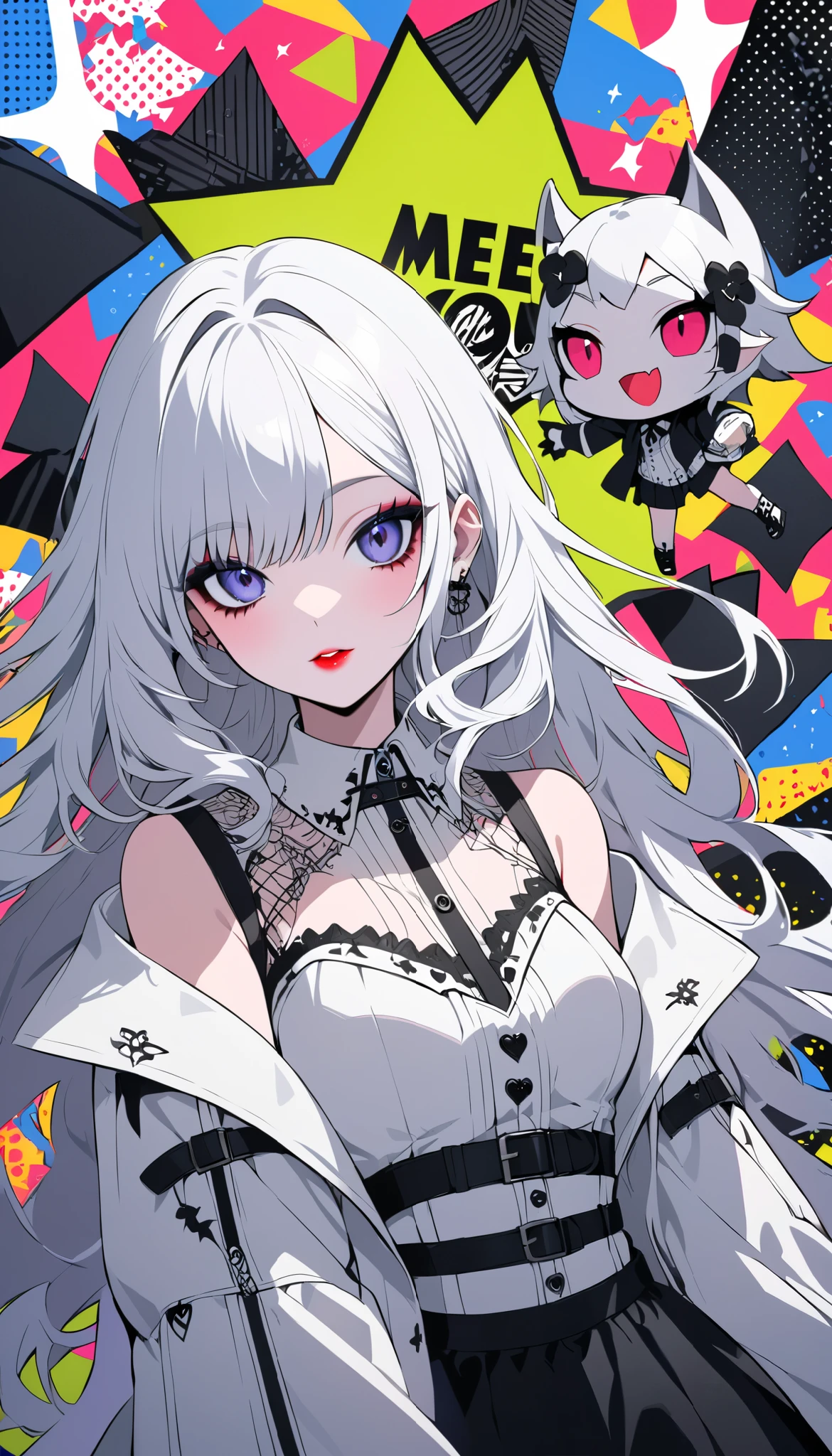 white gothic woman , White clothes, gothic flavor , black pop art background, meet you ,