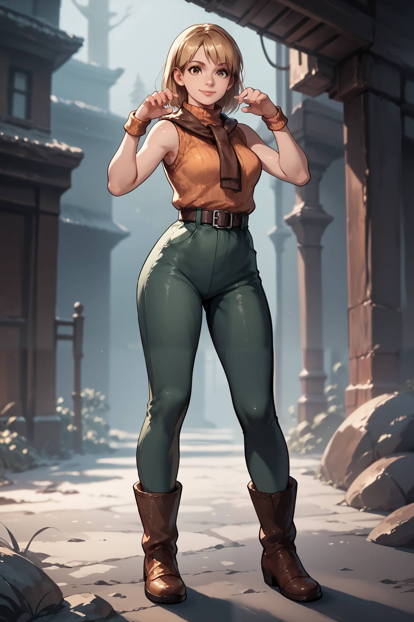 Anime concept art, dark fantasy, Ashley graham, Ashley Graham from resident evil 4, cute, Ashley's sexy outfit, thin waist, medium breasts, sleeveless, cute pose, full body view, fullbody overview, resident evil 4 concept art