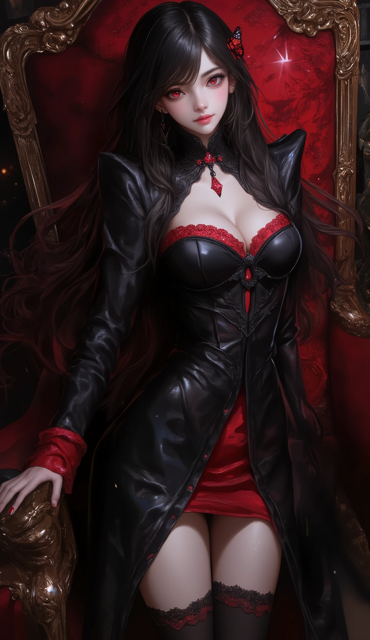 expressionless,,(dark fantasy),(( wonderful illustration )),(Detail Splash), long dark hair, Red Eyes, girl , Pure black dress, Collar only, The cuffs and skirt are dark red , The red butterfly hair clip is fixed on the side, Masterpiece, 最 High Quality , High Quality , Headpiece ,, red and black crystal necklace , Black Knee High Socks