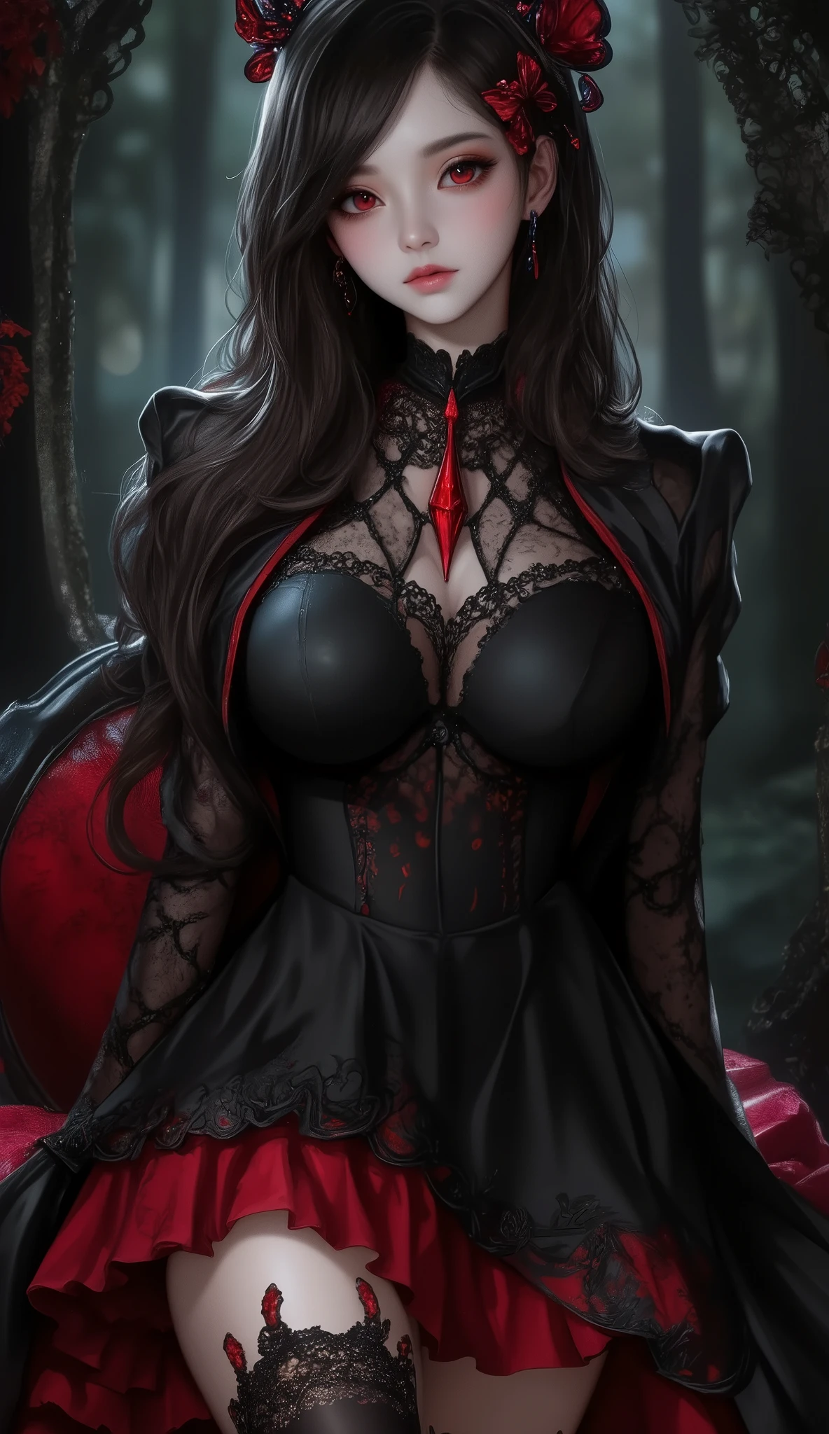 expressionless,,(dark fantasy),(( wonderful illustration )),(Detail Splash), long dark hair, Red Eyes, girl , Pure black dress, Collar only, The cuffs and skirt are dark red , The red butterfly hair clip is fixed on the side, Masterpiece, 最 High Quality , High Quality , Headpiece ,, red and black crystal necklace , Black Knee High Socks
