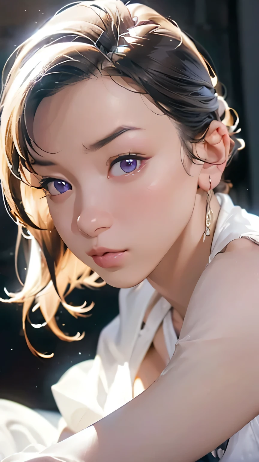1 Girl, medium boobs, Starry Eyes, (8k, RAW Photos, High sensitivity, best quality, masterpiece, ultra high definition , Realism: 1.25), , ( Very detailed CG Unity 8K wallpaper , best quality, high definition : 1.2), (ultra_ Details, 超 high definition : 1.2), perfect lighting, personal , ( 1 Girl: 1.4), ( cute girl: 1.2), Unreal Engine , side lights, Gray Hair, purple eyes, perfect face, Detailed face, perfect body, beautiful eyes , Facial beauty, (Light Skin: 1.4), Idol, ( upper body shot;1.5), Woman in white lingerie ;1.5, transparent,