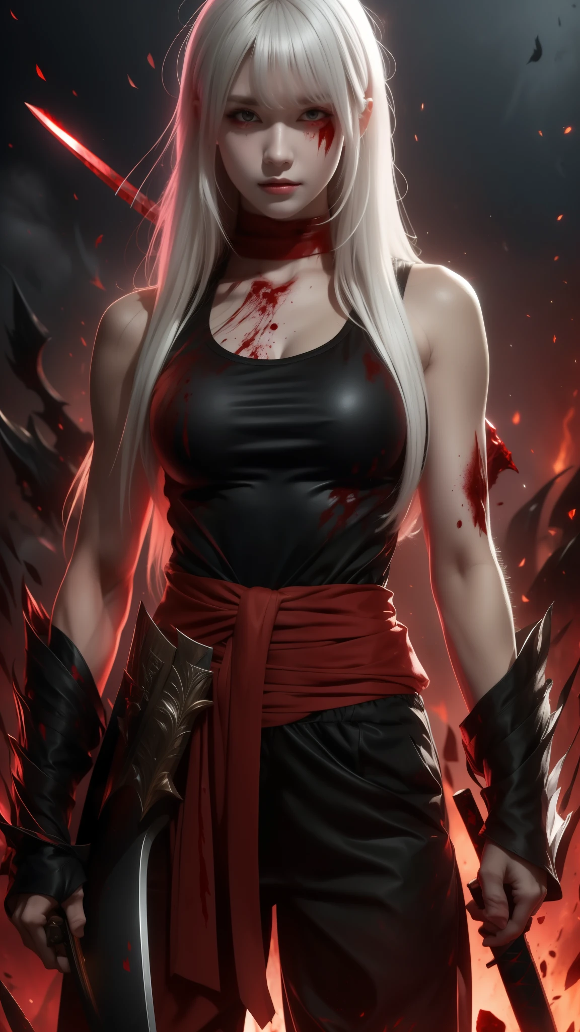 White-haired woman, terrifying appearance, with a katana and a shield, red eyes, on a battlefield covered in blood, wearing Spartan clothes, with a scar on her left eye