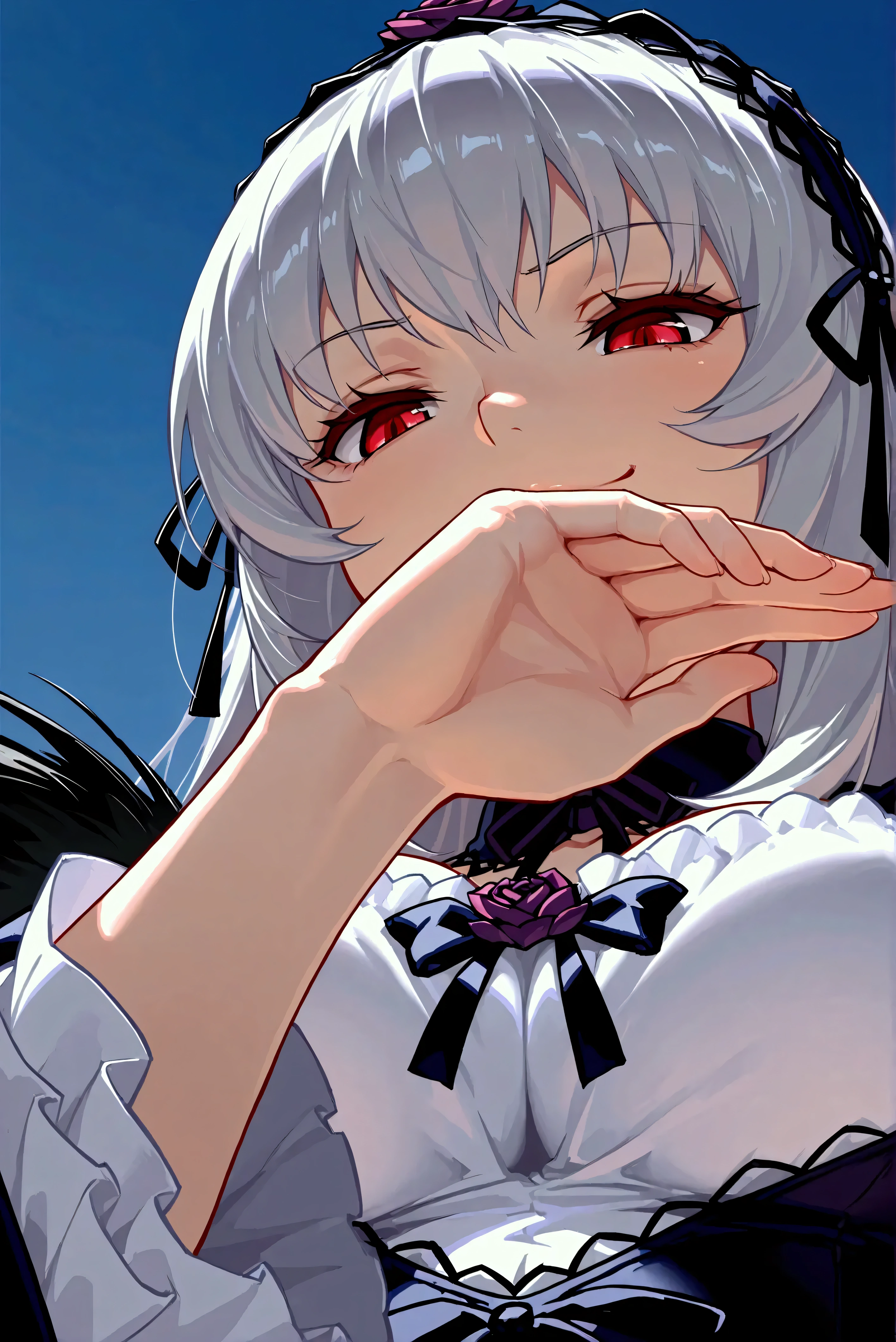 1girl\(suigintou\),(smirk:1.2),Looking down,right hand over mouth,sneered, under breasts extreme close-up,low angle,masterpiece,best quality, 8k, highres, ultra-detailed,HDR, UHD
