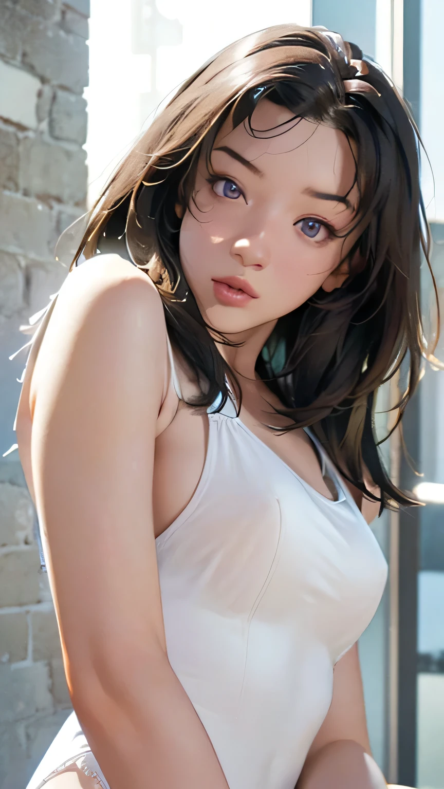 ((masterpiece, highest quality, Highest image quality, High resolution, photorealistic, Raw photo, 8K)), ((Extremely detailed CG unified 8k wallpaper)), (huge stunning goddess shot, very hot and sexy, jaw-dropping beauty, perfect proportions, beautiful body, slim body beauty:1.4), woman squatting on the ground with her hands on her face, Neutral Pose, Dramatic smile pose, Cute and elegant, Beautiful girl crouching, Short black hair, hands on her face, squatting on the side of the road, ((Wearing a white tank top and mini skirt)), Squatting with legs apart, (view from above:1.3), (Close-up of a face:1.4),