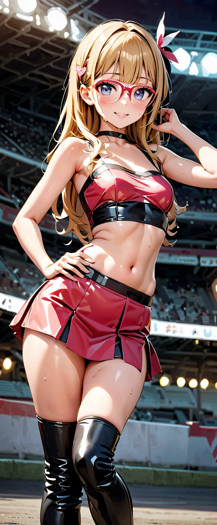 best quality , Ultra high resolution, One person, small breasts , black choker , smile, exposes shoulders, focus only , Audience ,Fair skin,Car racing track, photon mapping, physically-based rendering , RAW photos , very detailed background , K-pop Idol , is written in depth, hair ornament, detailed face, glowing skin, game cg,whole body, shiny micro tight miniskirt,shiny micro tube top, Shiny Long Boots , race queen, Sexy Poses,holding a flag,Gloss Lip,Glasses, wet from sweat