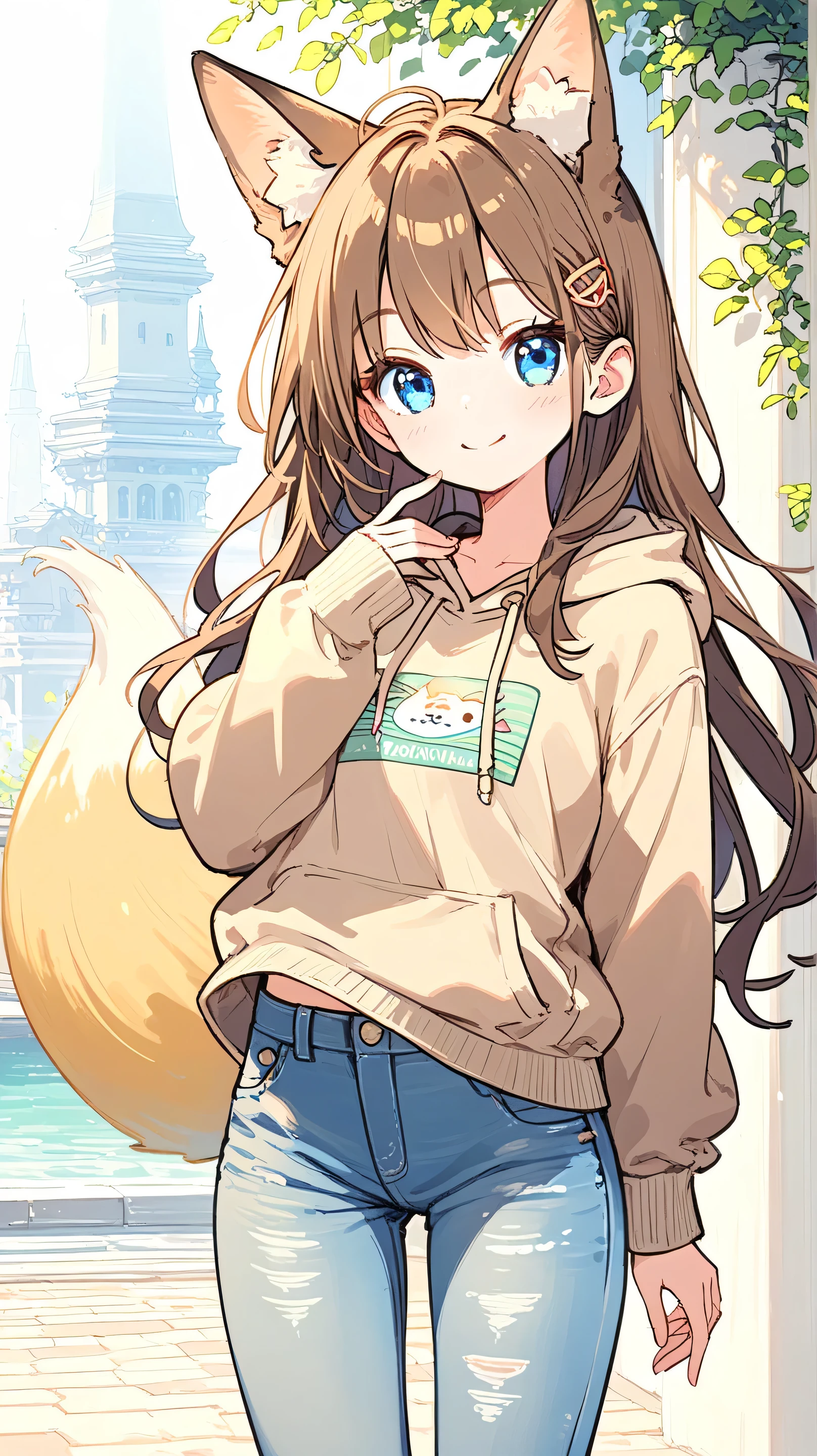 Female, long hair, blue eyes, brown hair, animal ears, fox ears, tail, anime ,beige hoodie and jeans,smile,