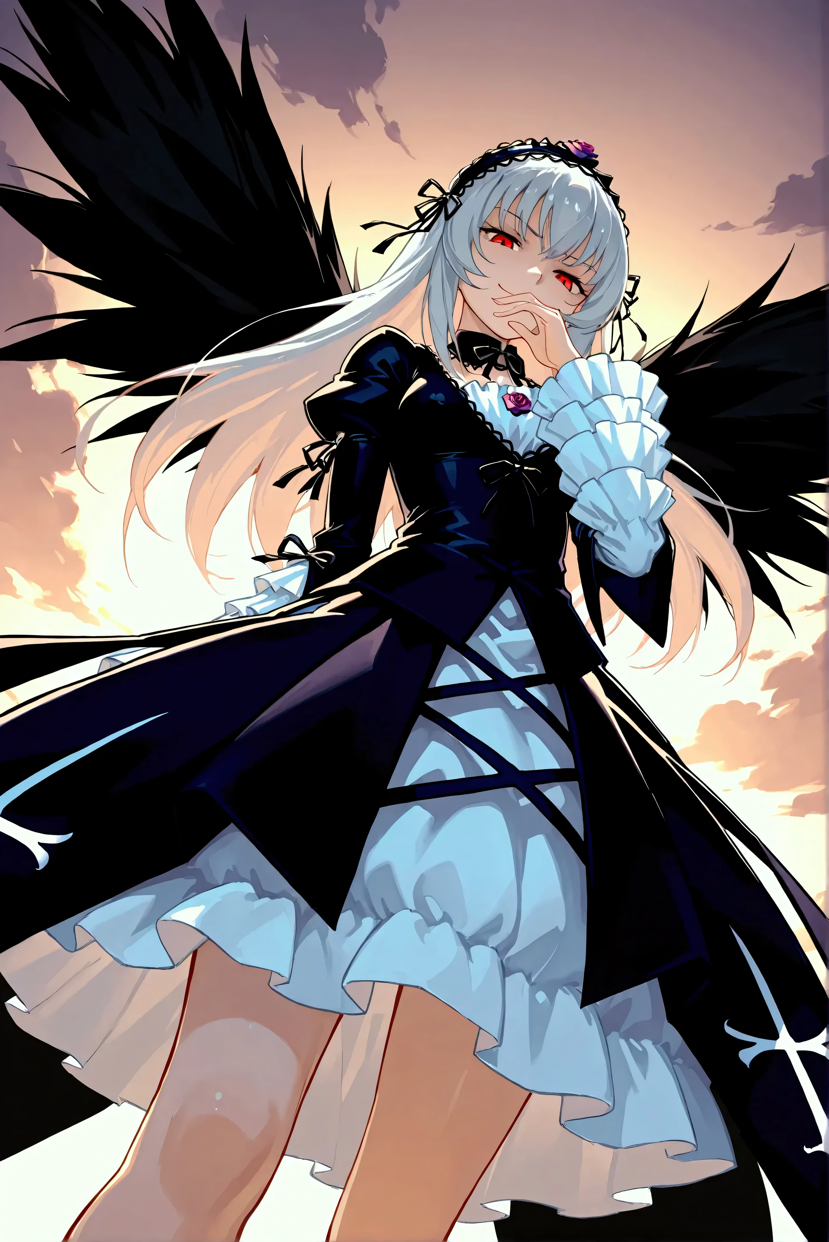 1girl\(suigintou\),(smirk:1.2),Looking down,right hand over mouth,sneered,extreme ground shot,low angle,masterpiece,best quality, 8k, highres, ultra-detailed,HDR, UHD
