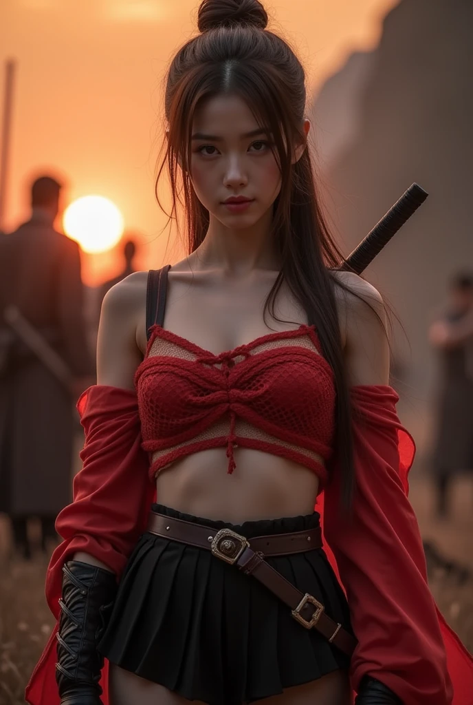 ( Beautiful Japanese Woman), small breasts,Masterpiece, Female Warrior,Assassin,( with a red mesh cloth wrapped around her chest ;1.21), Ninja sword on her back , black miniskirt , beautiful brown hair , long hair, has chignon hair ,The vibe of a 25 year old , brown eyes, Braveキャラクター, kind, Brave, Determination,The girl who came back after her village was attacked by bandits, there were still bandits in the burnt field ,(Bandit men appear :1.21),She was found and attacked by bandits , She escapes into a cave but is surrounded by men ,(( The background is a setting with men standing behind her in a dark cave :1.21)), The bandits are blurry in a shirtless, unscrupulously dressed,8k, tall Highly detailed , best quality , Ultra Fine, high detail, ultra-realistic , realistic,