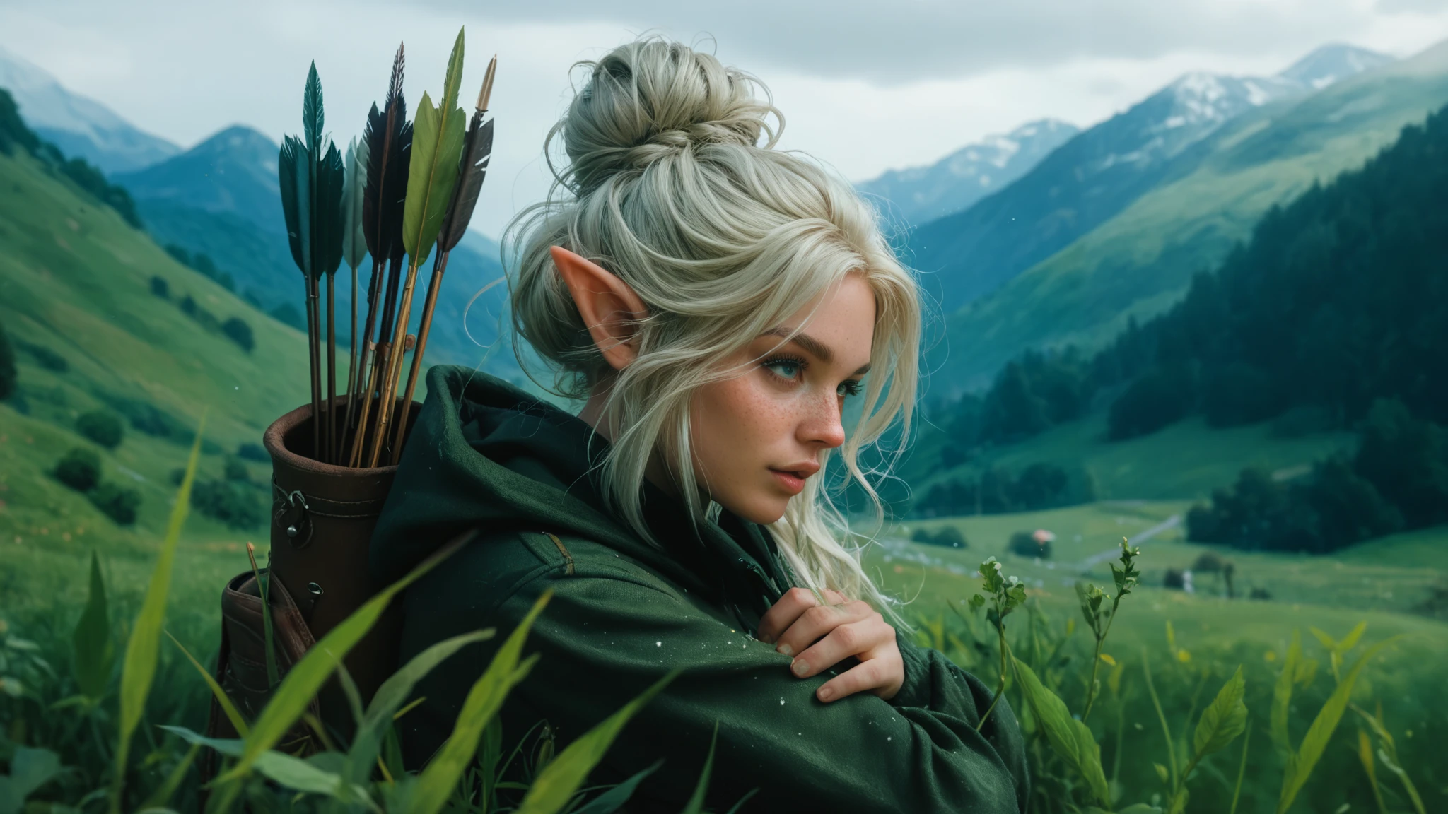 Beautiful girl with wavy long hair tied in a messy bun. An irish elf with freckles on her cheek, wearing elven leather dress with hoodie, carrying arrows. Background green irish highlands