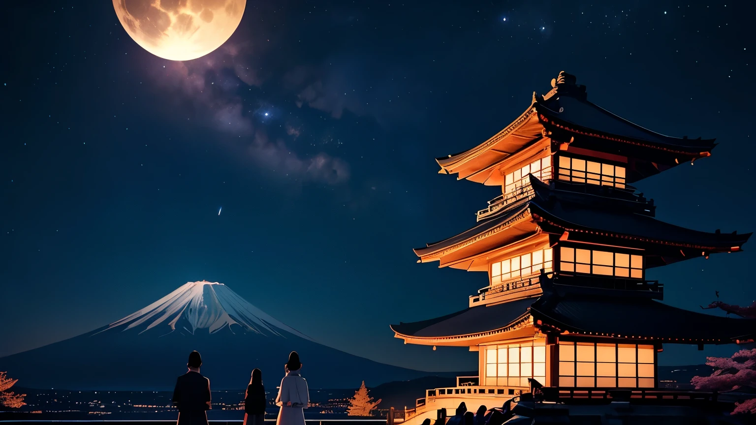 The night sky is、Starting with that deep purple、It transitions into a silent darkness reminiscent of the vastness of space.、and changes to a coral color that gives off a faint ray of hope.。This color change is、It feels like a magical ritual that unlocks the mysteries of the universe.。
In this night sky、A beautiful harmony of traditional Japanese scenery。In the distance、The outline of Mt. Fuji stands、Its majestic appearance casts an impressive presence in the night sky.。Also、The five-story pagoda standing next to it is、Symbolizes ancient wisdom and serenity。The full moon rises above the summit of Mount Fuji.、Casting a fantastic light into the night sky。
and、In this magnificent landscape、Two figures are depicted。A pair of men and women、Admiring the beauty of the night sky、We sense each other's presence。Their silhouettes、A symbol of love and serenity、It perfectly captures this beautiful night scene.。