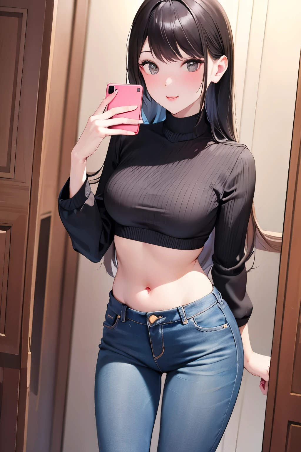there is a woman that is taking a selfie in front of a mirror, wearing a sexy cropped top , costume photo , slim waist and plump hips , Physical : the smallest mid-rise ever , A picture of a beautiful woman with a short top s, the smallest mid-rise ever , Wearing a crop top, to show your belly button, A picture of a beautiful woman with a short top , Beautiful mid-rise , Thin waist, jeans