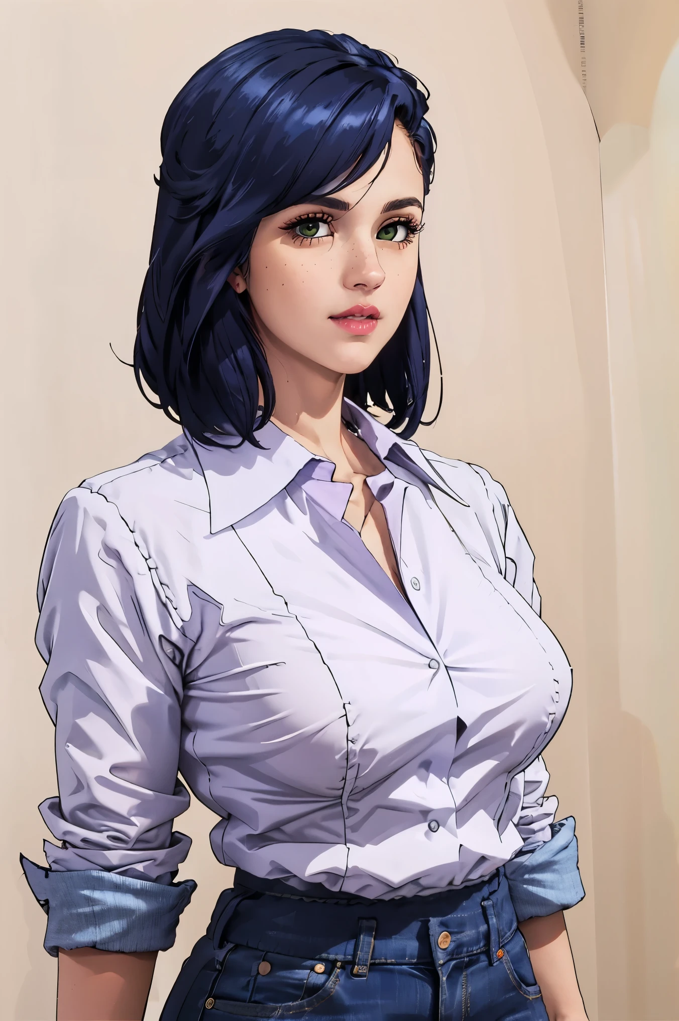 Alluring young girl, smile, collared shirt, unbuttoned shirt, sleeves rolled up, denim shorts, massive breast, hairband, (wide hips), sexy thighs, ((straight hair)), comic retro style, (masterpiece, best quality:1.2), simple background