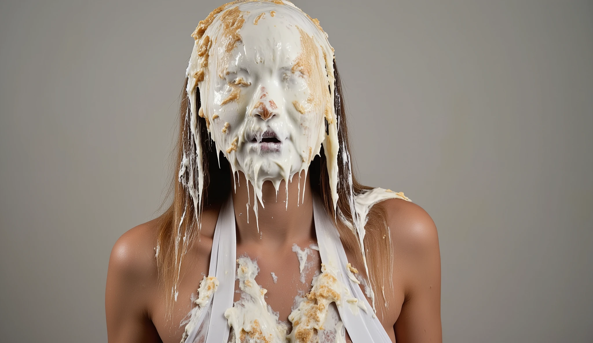 A beautiful young 18-year-old woman with long blonde hair is the target at a pie throwing booth. Her face is completely covered in thick white cream from the pies, which obscures her eyes, nose and mouth. The pies are 100% thick white cream, nothing else and are on white paper plates.