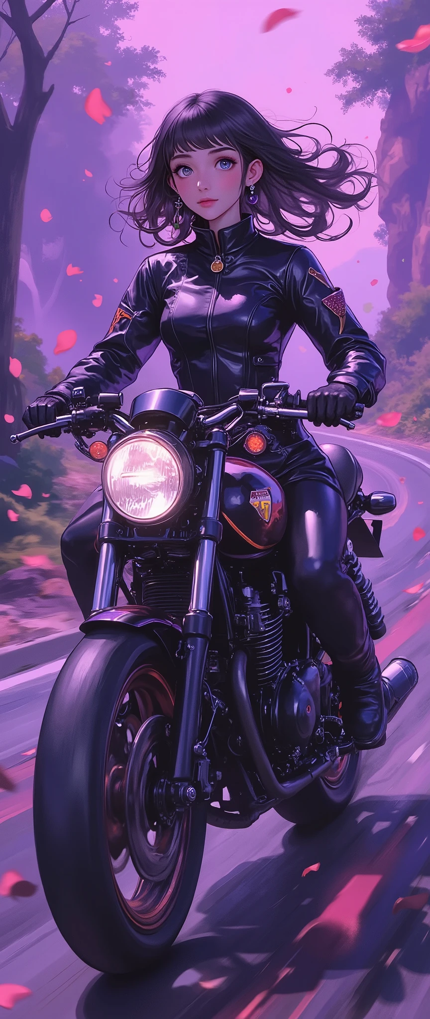(Masterpiece,8k,16k,wallpaper),( best illustration), A Day With My Gothic Girlfriend,( woman wearing a gothic fashion black rider suit riding a motorcycle:2.0),( ride at super high speed on a motorbike on a road where black roses have bloomed:2.0),(Gothic style black motorcycle :2.0),( representing super speed of light with beautiful white lines of light :2.0),( visual effect :2.0),( MOTION BLUR :2.0),(Countless black rose petals dancing in the air :2.0),(Stylish:2.0),( has a purple background),( dynamic:2.0),( hair fluttering in the wind:2.0)
