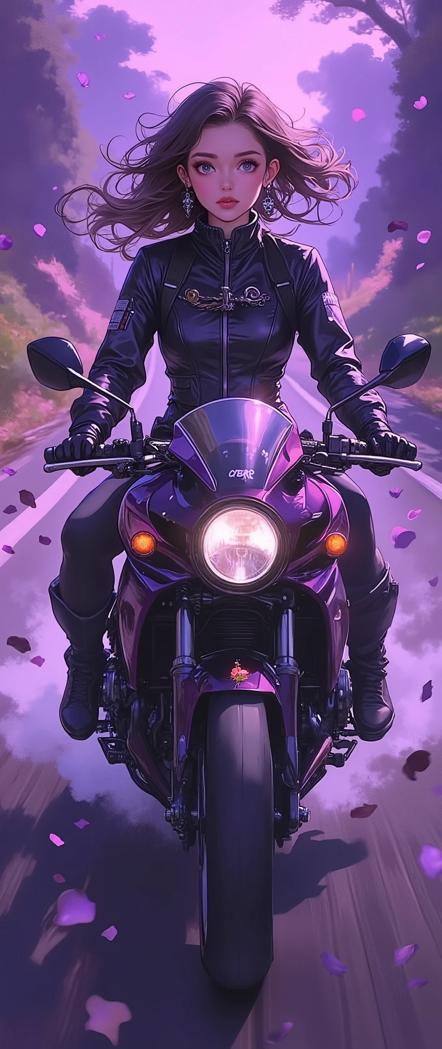 (Masterpiece,8k,16k,wallpaper),( best illustration), A Day With My Gothic Girlfriend,( A woman wearing a gothic fashion black rider suit riding a motorcycle:2.0),( ride at super high speed on a motorbike on a road where black roses have bloomed:2.0),(Gothic style black motorcycle :2.0),( representing super speed of light with beautiful white lines of light :2.0),( visual effect :2.0),( MOTION BLUR :2.0),(Countless black rose petals dancing in the air :2.0),(Stylish:2.0),( has a purple background),( dynamic:2.0),( hair fluttering in the wind:2.0)