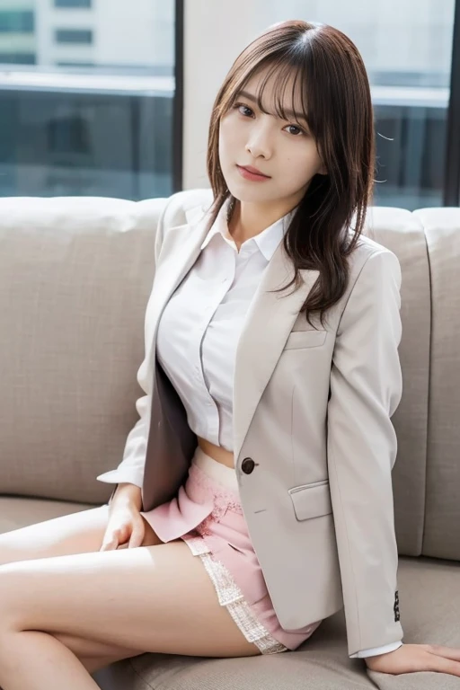 perfect proportions of a woman's body, a beautiful face of a 18 year old actress, blazer is worn with formal shirt, woman's crotch under short skirt is naked to be exposed, sitting on the sofa in living room, nsfw, best quality, highly detailed, masterpiece, ultra high res, photo realistic, 8k, japanese