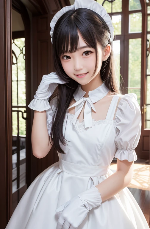 Prompt: Create an ultra-cute depiction of the Cat Sìth as a moe character, while retaining her key feline features. She has a , slender figure with smooth, pale skin. Her large, round amber eyes sparkle with curiosity and mischief, framed by long, dark lashes. She has short, fluffy black hair with cat ears poking out, twitching playfully. Her face is youthful and innocent, with a small button nose and rosy cheeks. She wears a cute, frilly outfit with a black and white color scheme, resembling a maid's uniform, complete with a fluffy tail that sways behind her. Her hands have soft, paw-like gloves, and she sports a mischievous, playful smile. The overall look blends the mystical allure of the Cat Sìth with the adorable charm of a moe character.