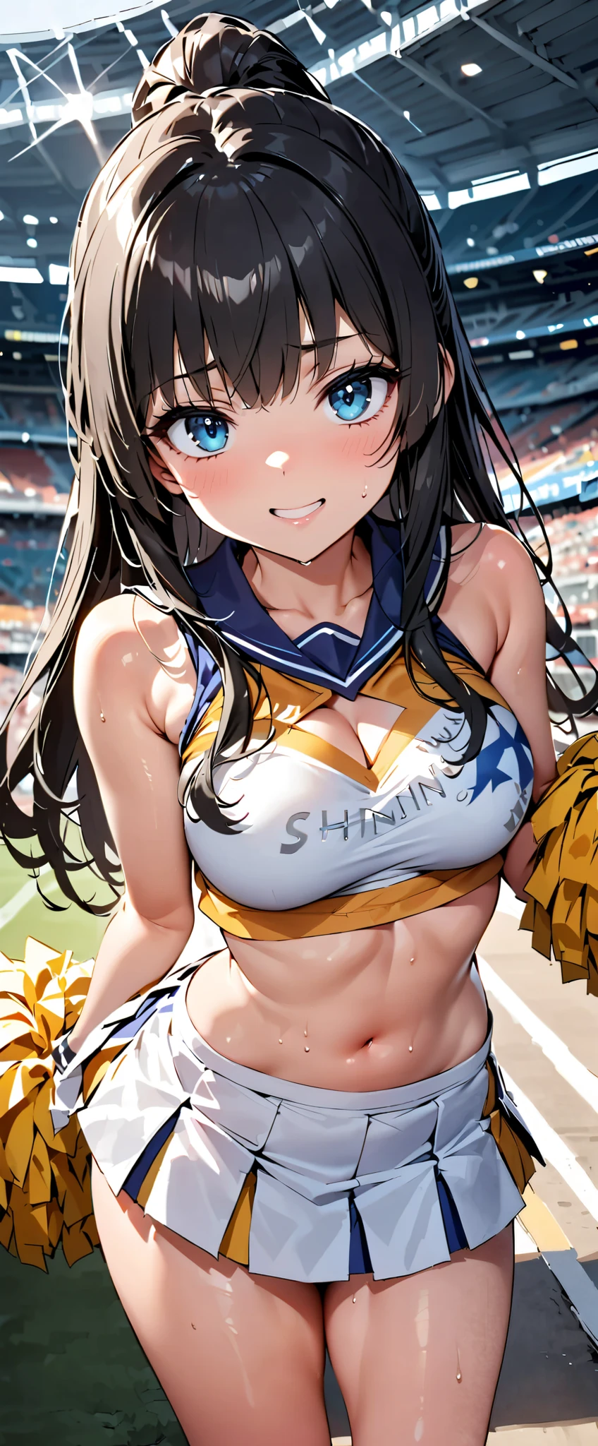 (Masterpiece, best quality , super A high resolution),Japanese woman alone, ((( very pretty girl))), Cute Girl 、Staring at the photographer、 (()), very cute face , glossy lips, , natural smile 、 natural cosmetics, long lashes, Glossy smooth hair、, Perfect Limbs , perfect anatomy,(((Shining cheer uniforms, cheerleader, cheerleader, tube top)))) Stadium,Saten Ruiko, is sweaty,((( tube top)))Gloss Lip, with a cheerful smile