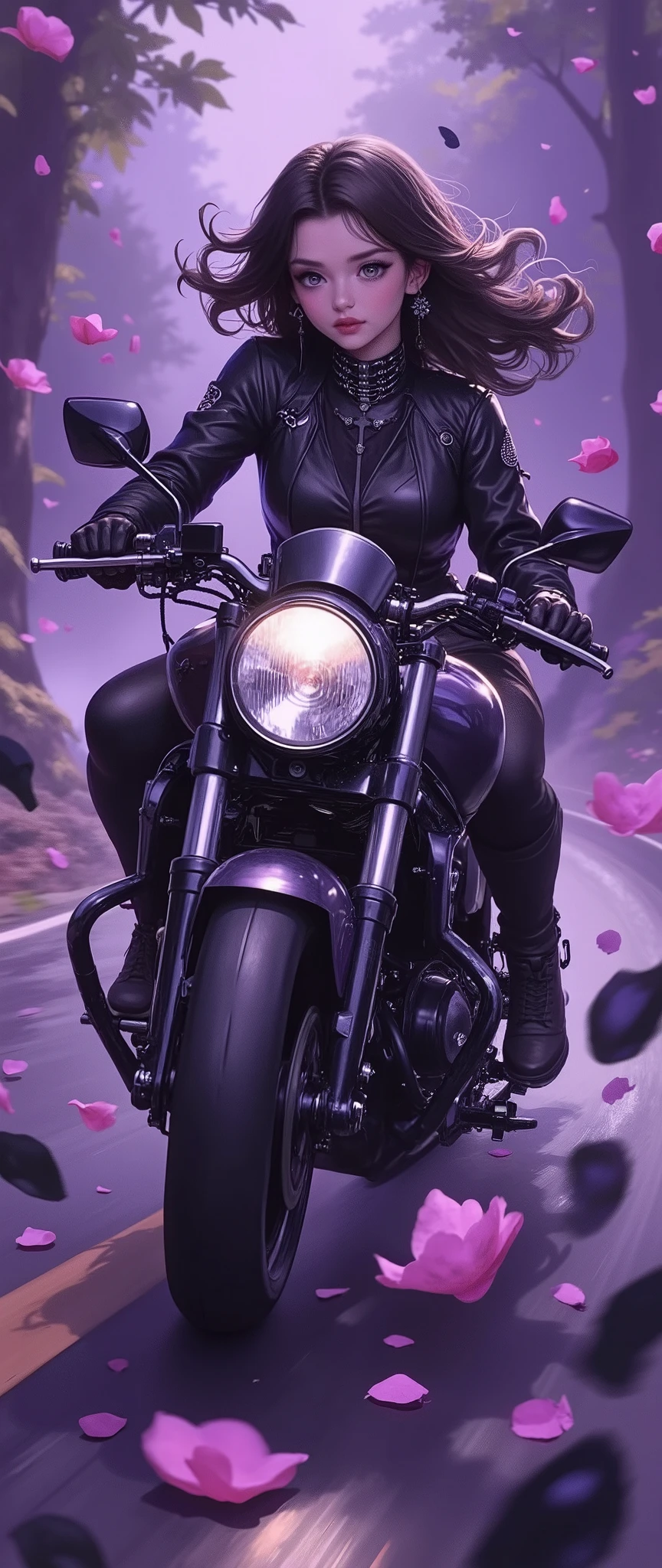 (Masterpiece,8k,16k,wallpaper),( best illustration), A Day With My Gothic Girlfriend,( woman wearing a gothic fashion black rider suit riding a motorcycle:2.0),( ride at super high speed on a motorbike on a road where black roses have bloomed:2.0),(Gothic style black motorcycle :2.0),( representing super speed of light with beautiful white lines of light :2.0),( visual effect :2.0),( MOTION BLUR :2.0),(Countless black rose petals dancing in the air :2.0),(Stylish:2.0),( has a purple background),( dynamic:2.0),( hair fluttering in the wind:2.0)
