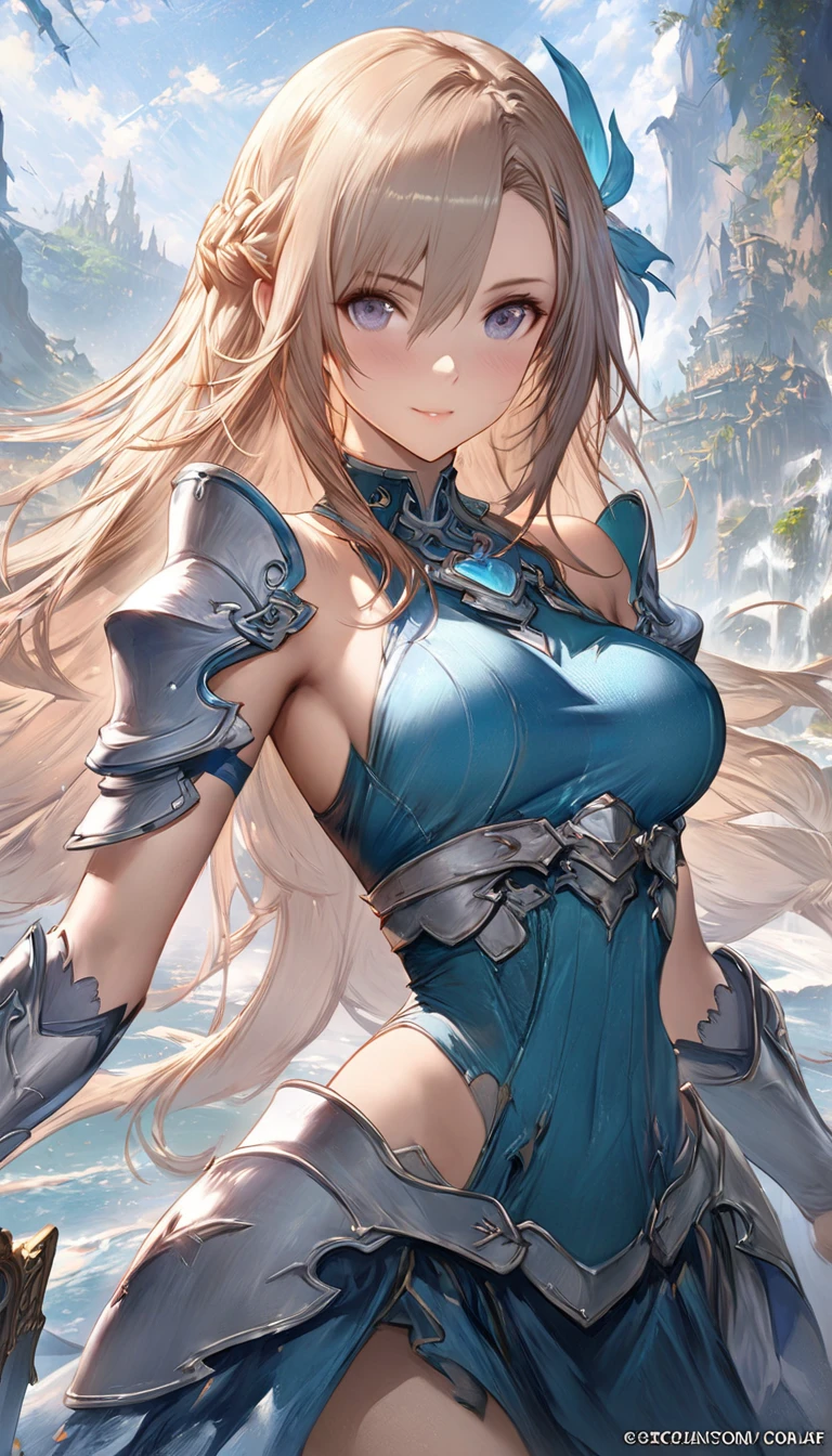 best quality, official art, masterpiece, textile shading, HDR, very detailed, colorful, best details, fantasy, battle suit,1 female, 25 years old, Lakeside with an old castle view,long hair, big breast, skinny,Surrounded by a large crowd、Confetti flutters、Blessed、cameltoe:1.3,