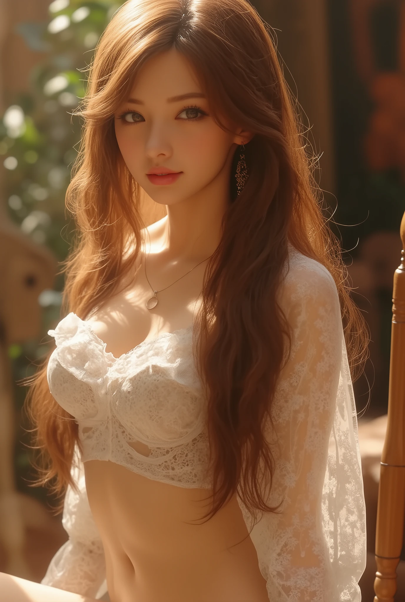 ((((masterpiece, Best Quality, High resolution)))), extremely detailed 8K, sexy Beautiful 27 years old lady with slim body, (Ultra HD, Ultra-detailed, Highly detailed, Highly realistic, Ultra-realistic, photos realistic),{ deep depth of field, (god ray:1.2), (bounced front lighting:1.1), (soft diffused lighting:1.6) } (1girl:1.5), brown long wavy hair, (dynamic sexy poses), (very delicate and natural hair:1.3), facing at camera, light smile, (big firm breasts: 1.2), (very delicate and natural face, very delicate and natural eyes:1.3),very delicate and natural clothes:1.2),