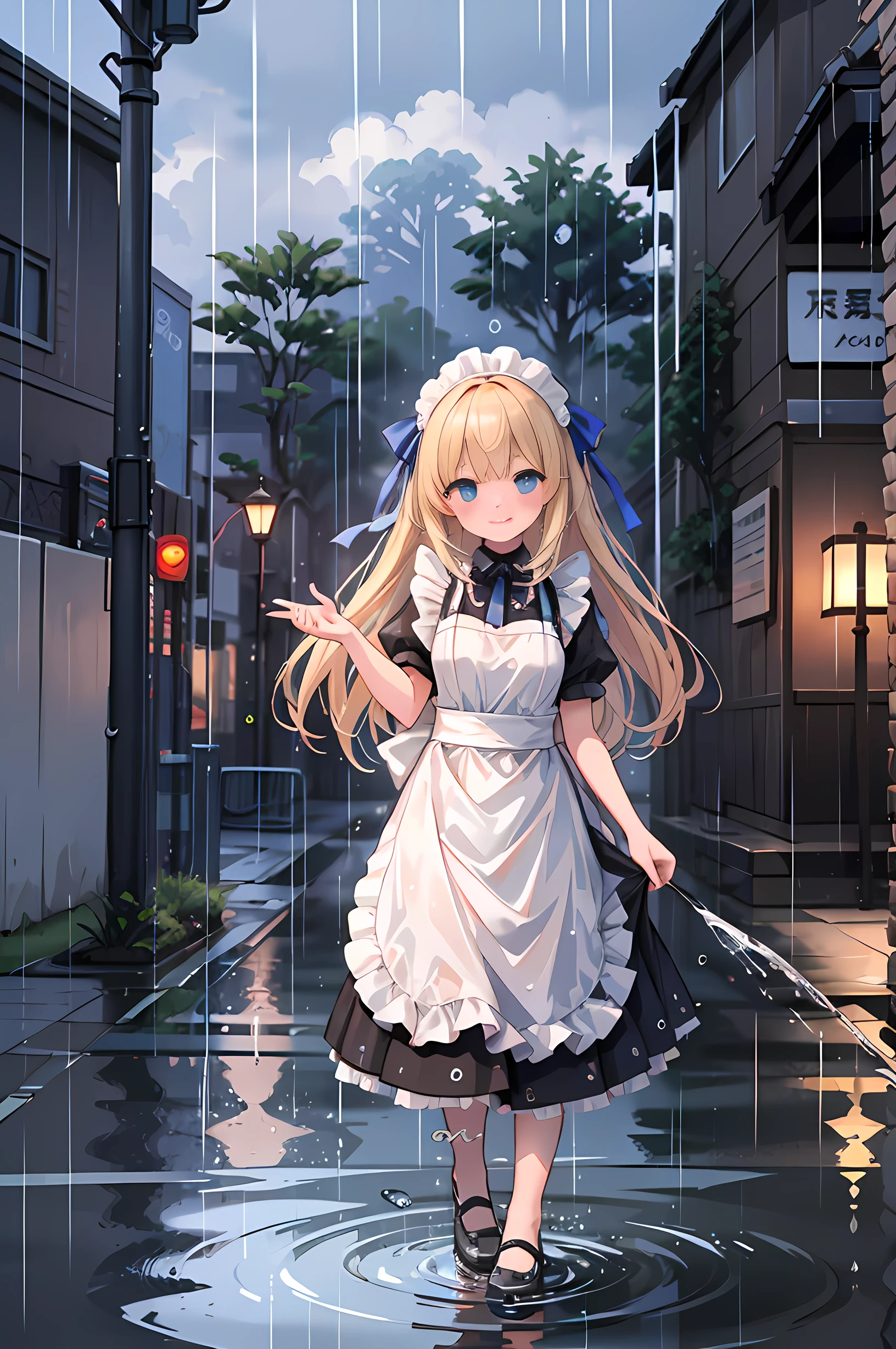 (8k, Super high quality, masterpiece:1.2), Ultra high resolution, one woman, is cute , small breasts , blondes, in white and black maid clothes , headband, blue ribbon, Apron dress , whole body, soaked, like a , best smile, gets wet in the rain, Being hit by rain, Heavy Rain, Water droplets on the whole body, Around town