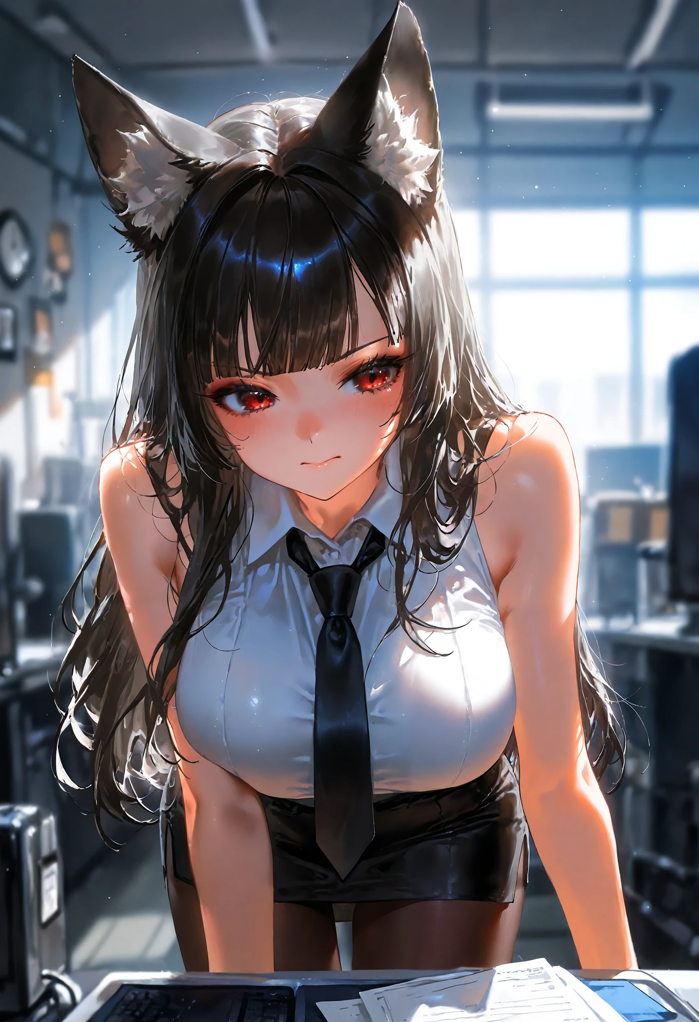artist:[ekrea jan|yoneyama mai|diyokama|say hana|quasarcake],
1girl, solo, long hair, breasts, blush, bangs, skirt, large breasts, shirt, black hair, red eyes, animal ears, bare shoulders, closed mouth, white shirt, pantyhose, necktie, sleeveless, collared shirt, indoors, blunt bangs, black skirt, blurry, animal ear fluff, black pantyhose, bare arms, fox ears, sleeveless shirt, blurry background, bent over, black necktie, pencil skirt, office lady
, BREAK, (best quality, masterpiece, ultra-detailed, illustration:1.2),(8K wallpaper),(beautiful detailed eyes:1.2), beautiful, detailed eyes, soft light, AddXL light steps, intricate colors, vibrant colors, absurdres, very awa