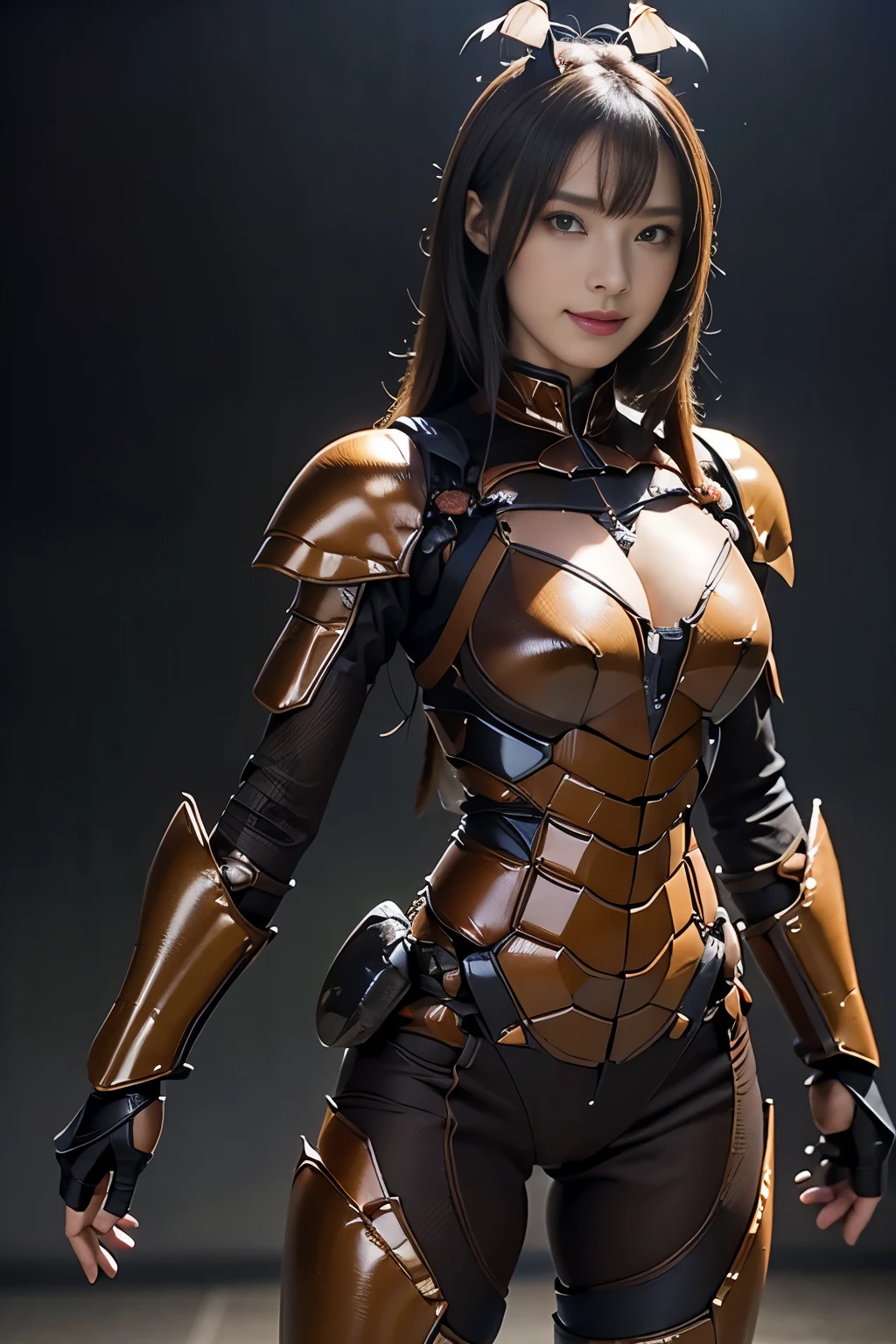 (high resolution,masterpiece,best quality,extremely detailed CG, anime, official art:1.4), realistic, photo, amazing fine details, all intricate, gloss and shiny,awesome many layers, 8k wall paper, 3d, sketch, kawaii, illustration,( solo:1.4), perfect female proportion,villainess, (fusion of dark brown cockroach and lady:1.4), (brown cockroach form lady:1.2), (brown cockroach lady:1.2), (fusion:1.2), (solo:1.4), (evil smile:1.2), muscular, abs, (cockroach brown exoskeleton bio insect suit:1.4), (cockroach brown exoskeleton bio insect armor:1.2), (brown transparency cockroach wing:1.4), (brown cockroach antennae:1.3),
