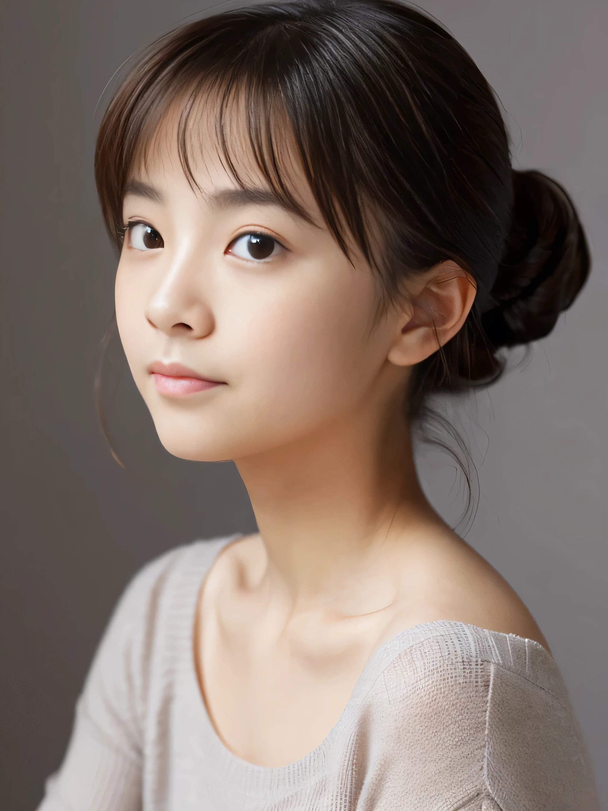 (A photo of your face:1.25), 6 years old, (Baby Face), (Round face), One Japanese woman, beautiful girl, Pretty face, (View your viewers), (Standing facing the camera), (smile), (Beige tank top)、(Pure white background:1.2)、Mouth closed