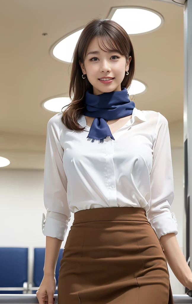  (8K, best quality, masterpiece:1.2), (realistic, photo-realistic:1.37), (high color saturation:1.0),  (highly detailed skin), (highest quality:1.0), (ultra high resolution:1.0) ,(realistic:1.0), (Super detailed:1.0), (8K, Raw photo:1.1)、standing random pose, smiling, natural breast, perfect lighting, 22years old, (mysterious), clear and detailed, ((japaniese_office_uniform, tight skirt, sexy_blouse, flight attendant_neck scarf)), (indoor office, escalator), surprised face, looking at back viewer, low angle photo, (the sexy_shorts are showing under her skirt), nsfw, inverted nipples, 
