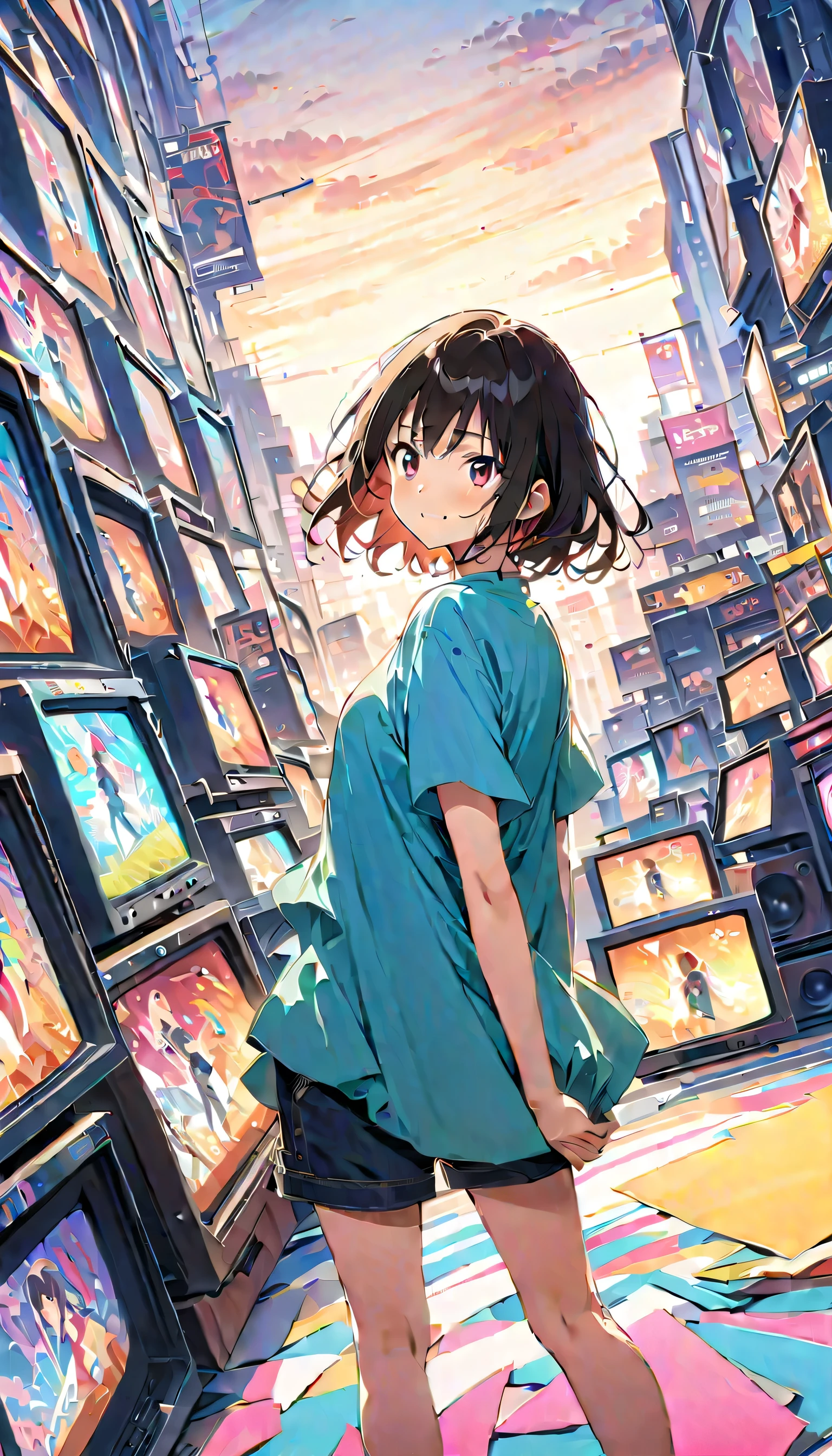 anime style, Ultra-fine illustrations, highly detailed, Dynamic Angle, beautiful detailed, 8k, In front of many CRT TVs, break various programs are being broadcasted. A woman stares at them, break smiling amidst the colorful scenes.(Highest quality、masterpiece、High resolution、detailed)animeスタイル、Flat Style、(Shining Eyes、detailed美しい顔), break,Dynamic Angle、anime