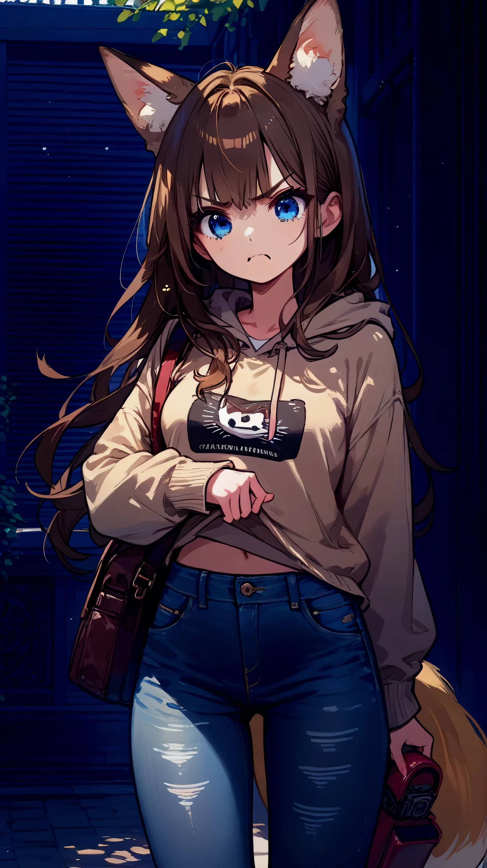Female, long hair, blue eyes, brown hair, animal ears, fox ears, tail, anime ,beige hoodie and jeans,angry