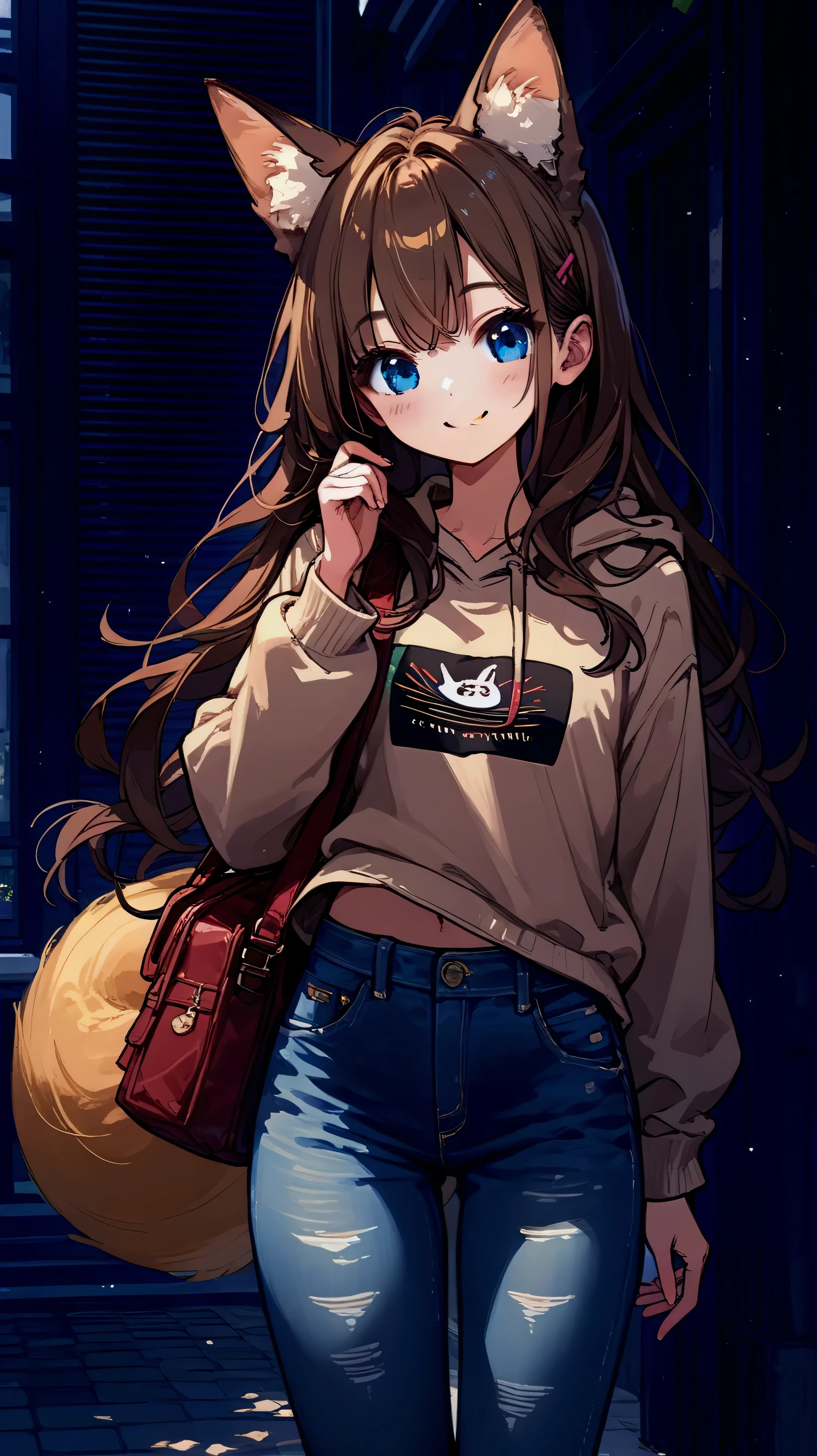 Female, long hair, blue eyes, brown hair, animal ears, fox ears, tail, anime ,beige hoodie and jeans,smile,