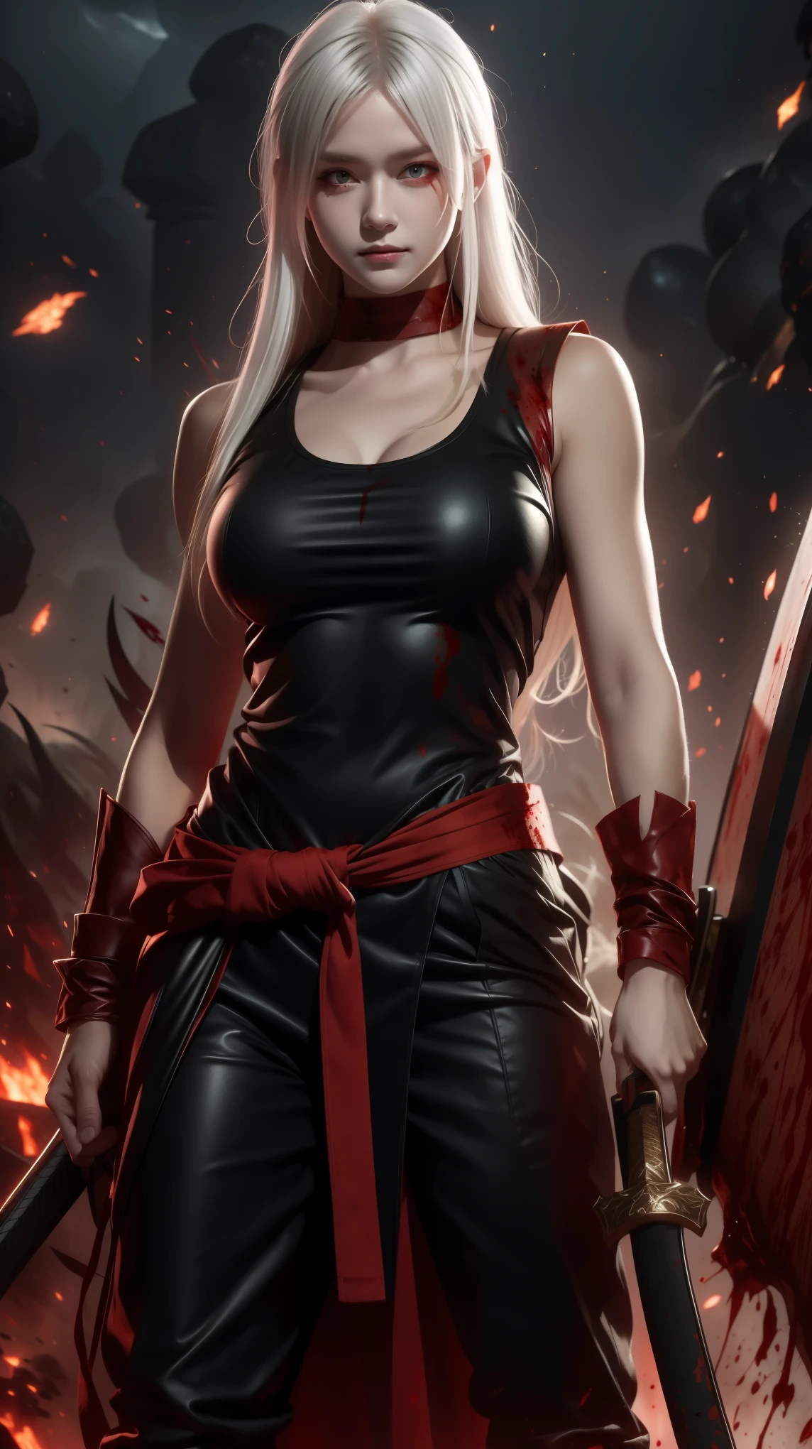 White-haired woman, terrifying appearance, with a katana and a shield, red eyes, on a battlefield covered in blood, wearing Spartan clothes, with a scar on her left eye