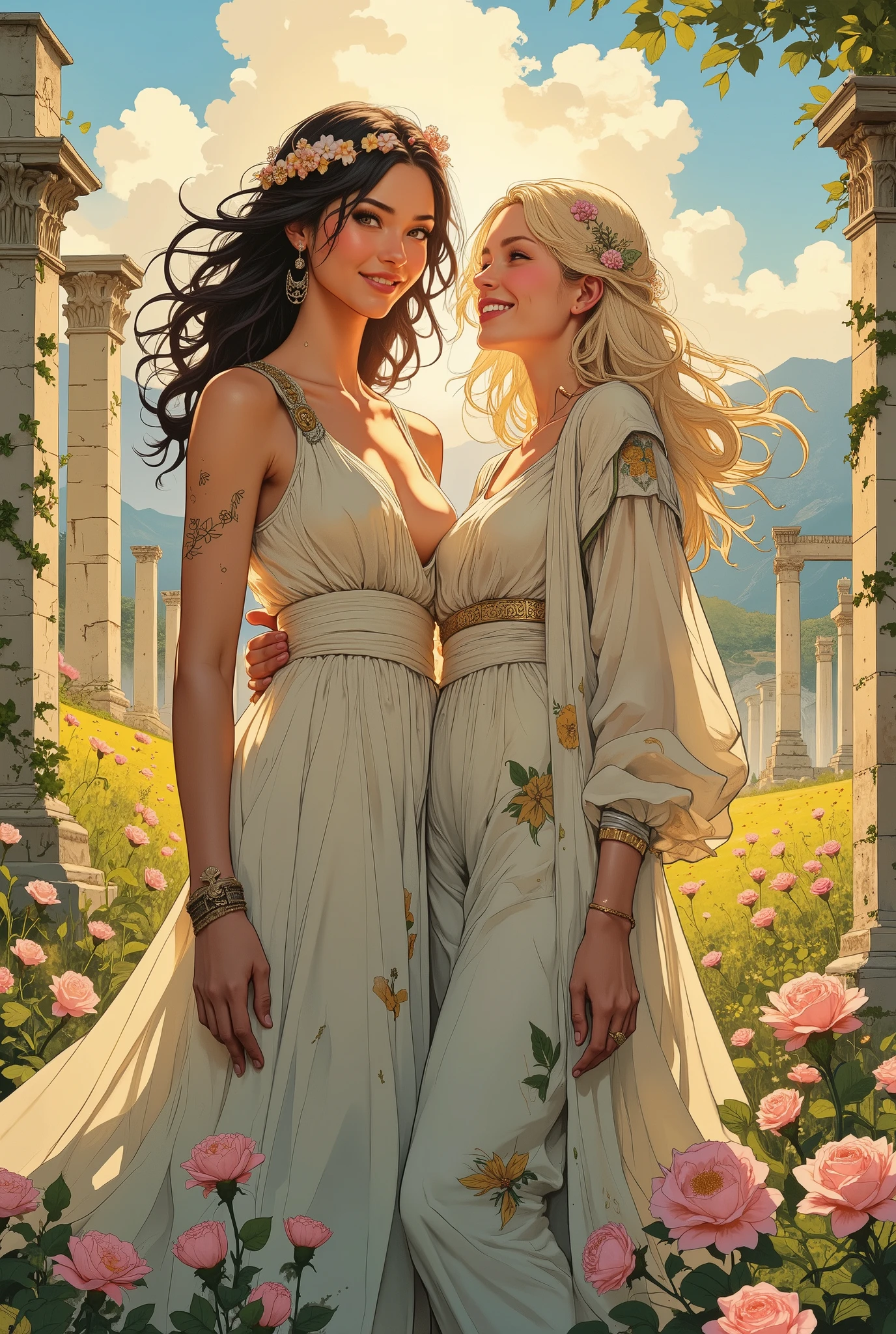 Illustration of A vibrant digital painting of two different ethereal greek goddesses standing, exuding a sense of camaraderie and delight. One goddess, adorned with a crown of delicate blossoms, embodies abundance and joy. She smiles warmly at the viewer, eye contact, her flowing hair and intricately draped garments glowing softly in the golden light. The other goddess, representing youth and renewal, leans slightly toward her companion with a playful, carefree laugh. Her elegant, flowing robe is adorned with subtle patterns of leaves and vines, reflecting her connection to nature. The scene is set in a lush, sunlit greek meadow, surrounded by blooming flowers and ancient marble ruins overgrown with ivy. The goddessesâ shared laughter and relaxed posture evoke a sense of timeless friendship and harmony, with vibrant colors and intricate details capturing the beauty of their divine presence and the lively, joyful atmosphere    she is smiling at the viewer with a mischievous expression,  smile, sultry look, smirk