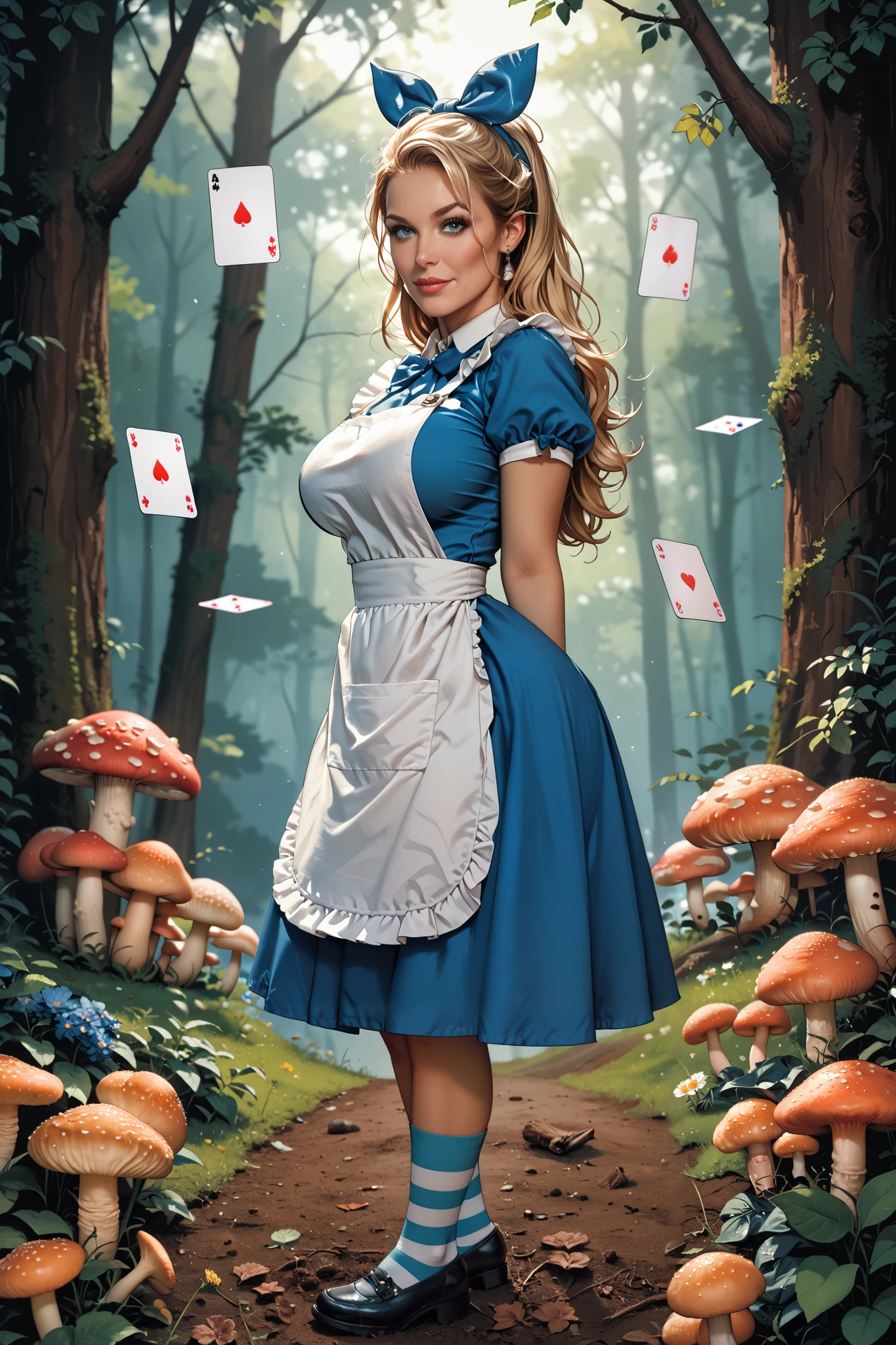 A movie poster, with a blue-eyed blonde milf , wearing a blue dress with a white apron, striped socks, black shoes and a blue bow in her hair, No fundo,  a forest with giant mushrooms and flowers of various species and colors, and playing cards falling from above Large breasts, supermodel body,Masterpiece, Best Quality, Award Winning, HD, Looking at viewer, 