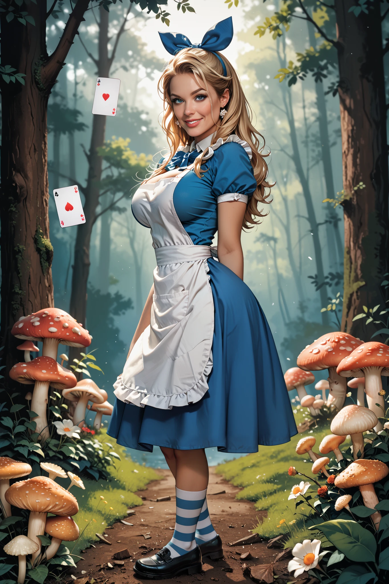 A movie poster, with a blue-eyed blonde milf , wearing a blue dress with a white apron, striped socks, black shoes and a blue bow in her hair, No fundo, a forest with giant mushrooms and flowers of various species and colors, and playing cards falling from above Large breasts, supermodel body,Masterpiece, Best Quality, Award Winning, HD, Looking at viewer,