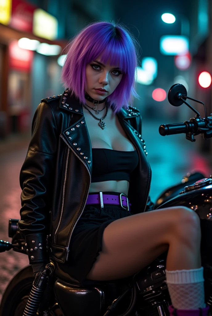 score_9, score_8_up, score_7_up, 1girl (medium full shot) of (sexy young woman:1.1) punk thai, brown eyes, light brown skin, petite, wearing a leather jacket adorned with an array of metal studs and patches,black leather pants, deep purple tips and black roots as a two-toned hair style, chunky chain necklace, standing, crawling, scared,bowing, in a dilapidated bandstand, its stage covered in peeling paint and adorned with torn concert posters, Local punk bands perform impromptu gigs, their raw energy reverberating through the park as crowds of misfits and rebels gather to slam dance, at sunset, Masterpiece,best quality, photorealistic, amazing quality, very aesthetic, extremely detailed face